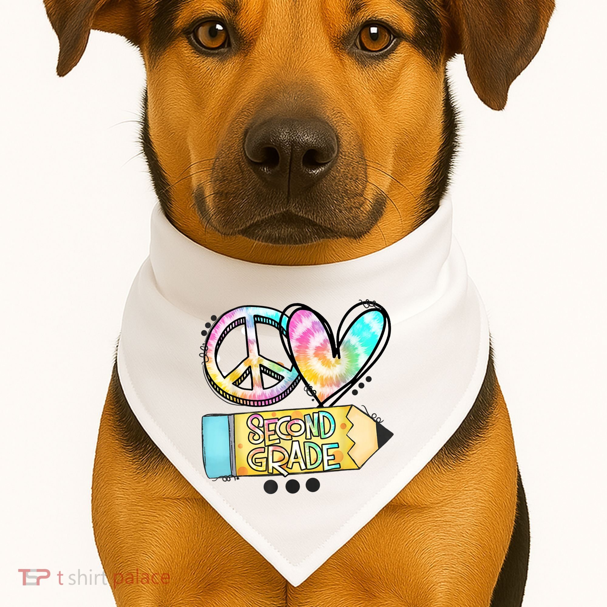Peace Love Second Grade Funny TieDye Teacher USA-Made Doggie Bandana