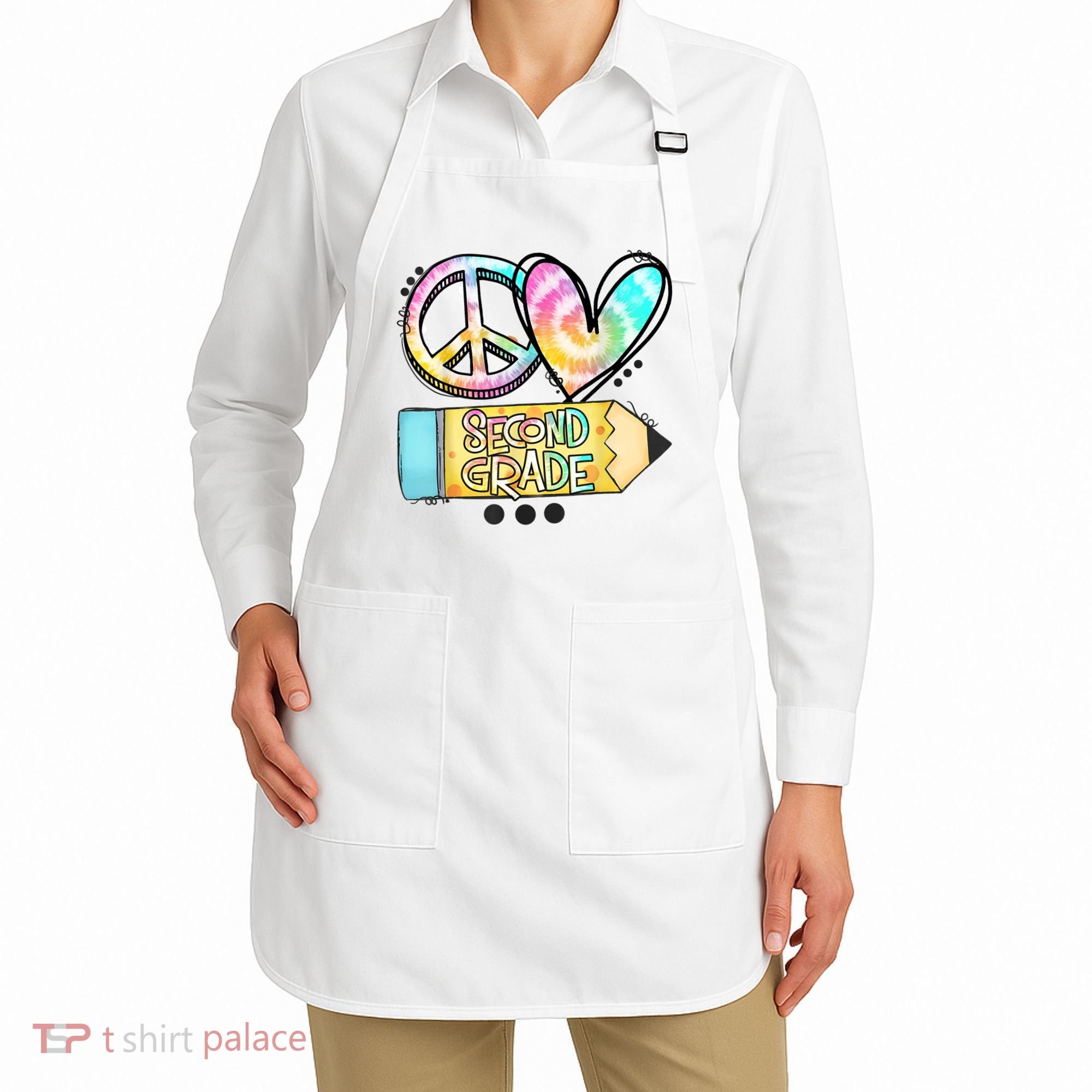 Peace Love Second Grade Funny TieDye Teacher Apron