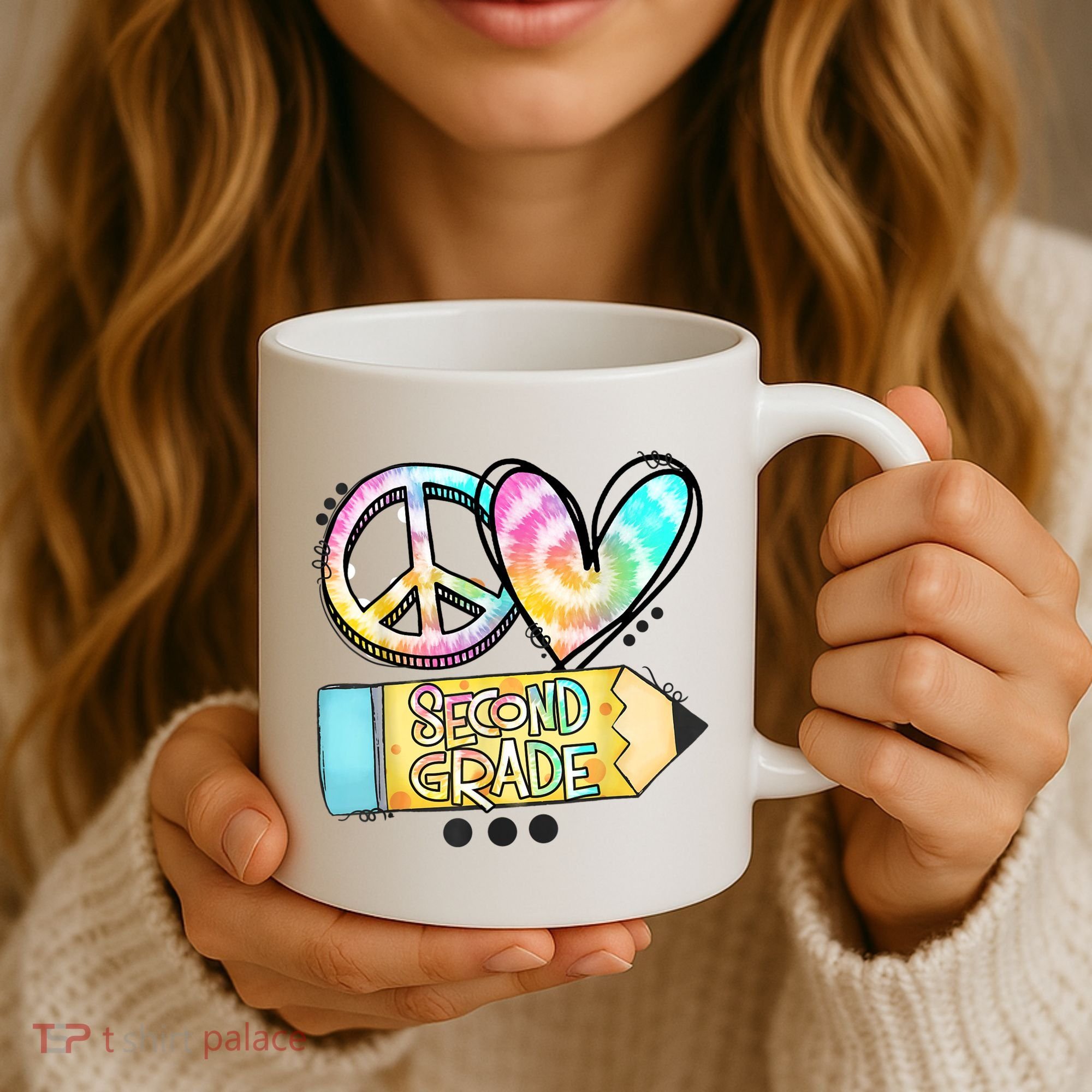 Peace Love Second Grade Funny TieDye Teacher Coffee Mug