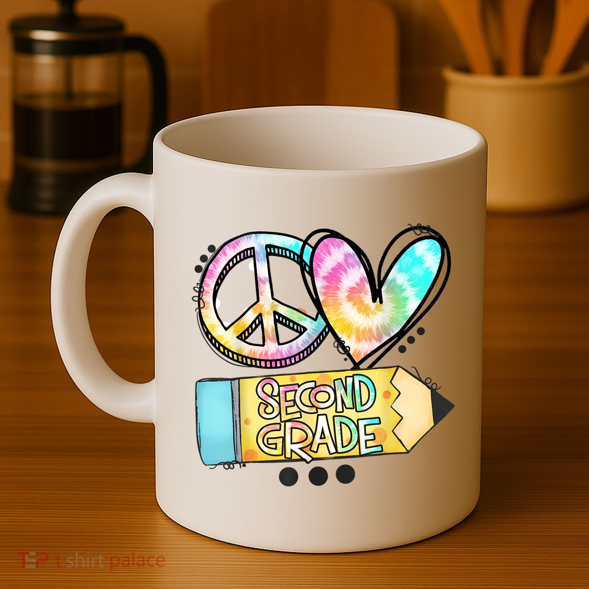 Peace Love Second Grade Funny TieDye Teacher Coffee Mug
