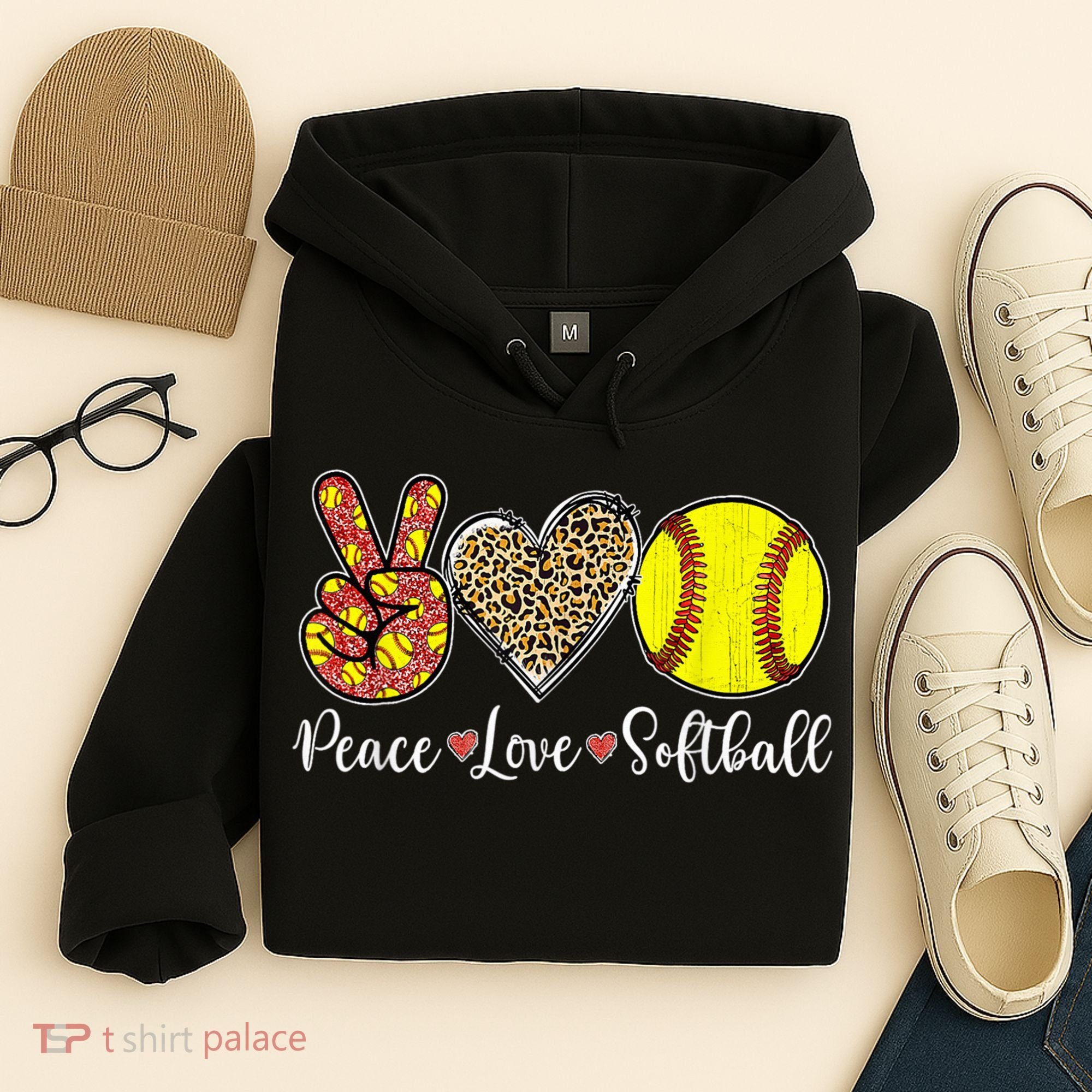 Peace Love Softball Leopard Softball Player Girl Mothers Day Hoodie