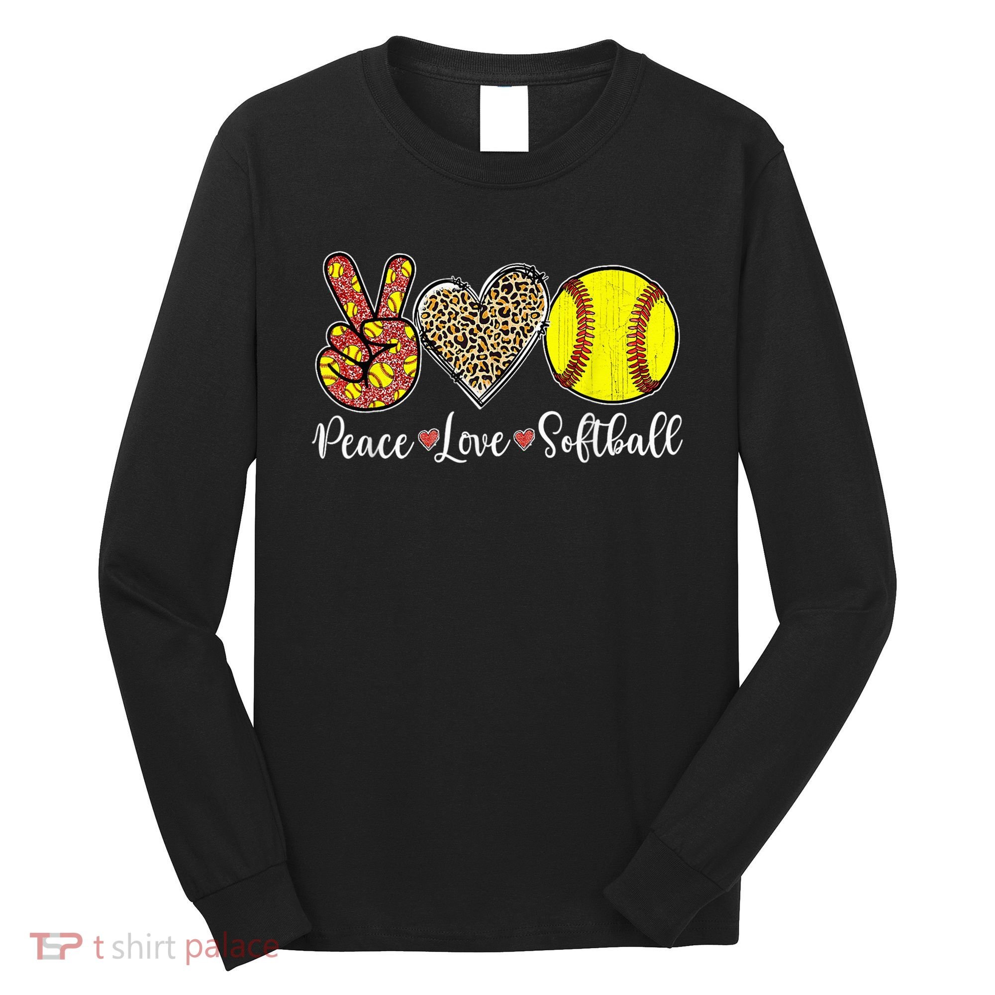 Peace Love Softball Leopard Softball Player Girl Mothers Day Long Sleeve Shirt