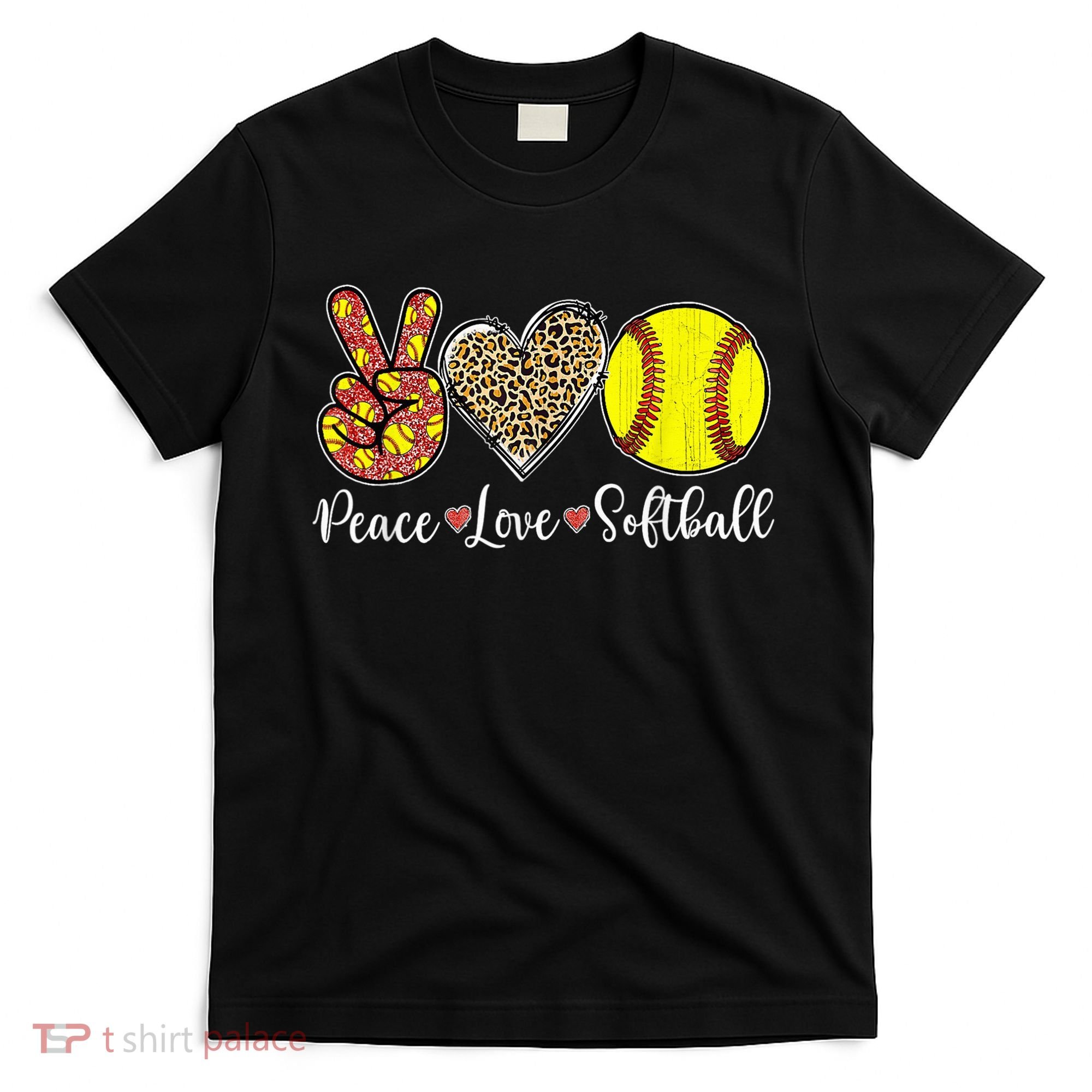 Peace Love Softball Leopard Softball Player Girl Mothers Day T-Shirt
