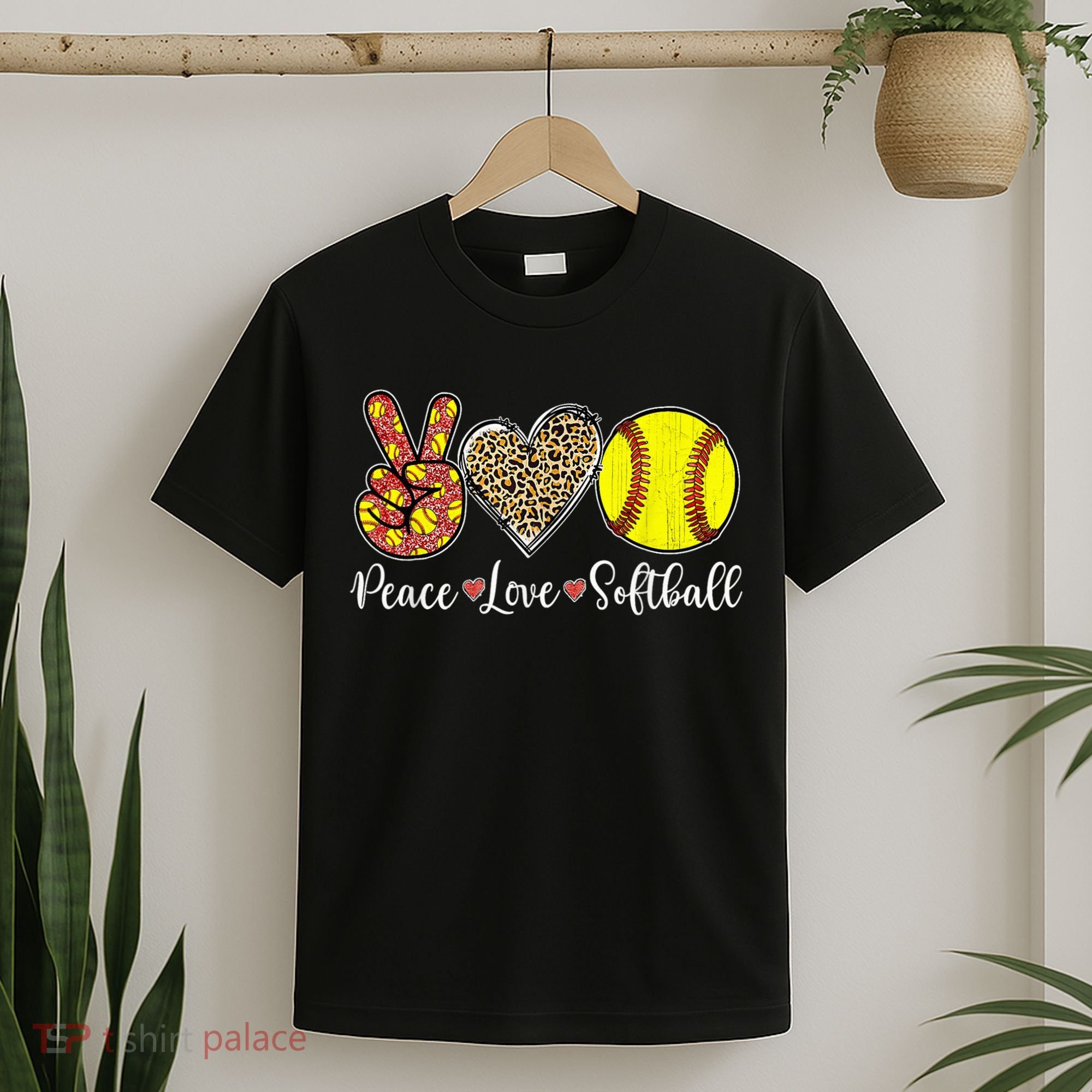 Peace Love Softball Leopard Softball Player Girl Mothers Day T-Shirt