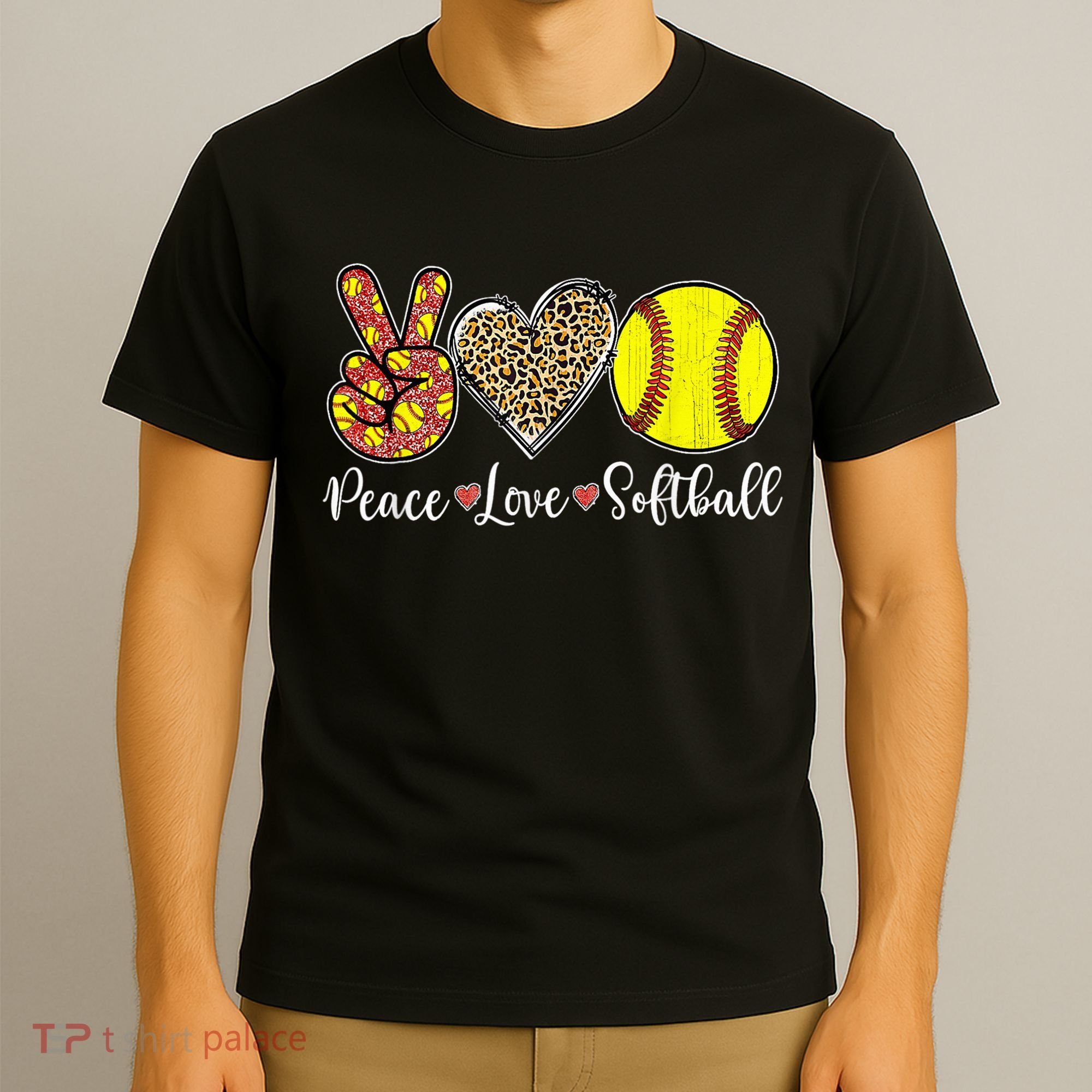 Peace Love Softball Leopard Softball Player Girl Mothers Day T-Shirt