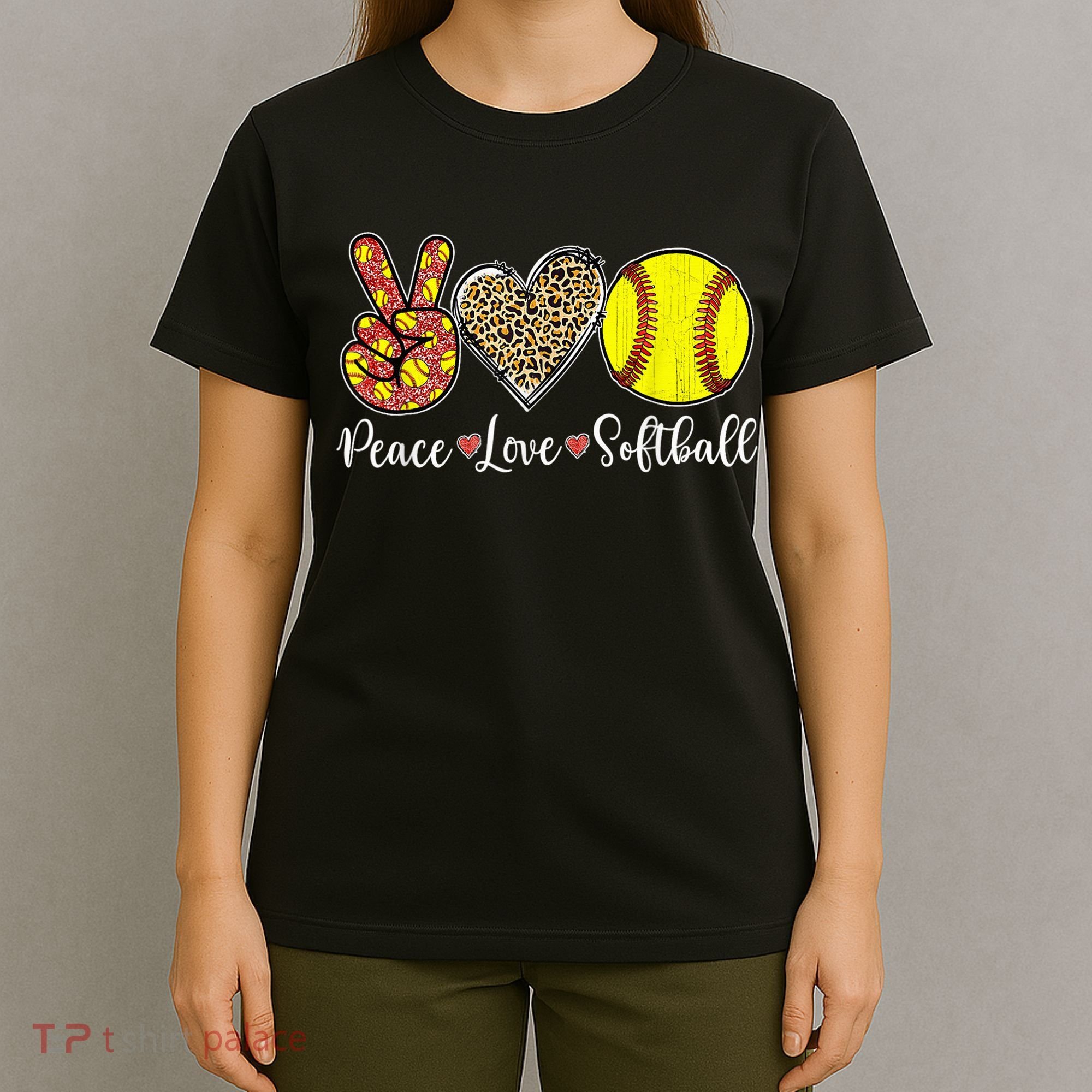 Peace Love Softball Leopard Softball Player Girl Mothers Day T-Shirt