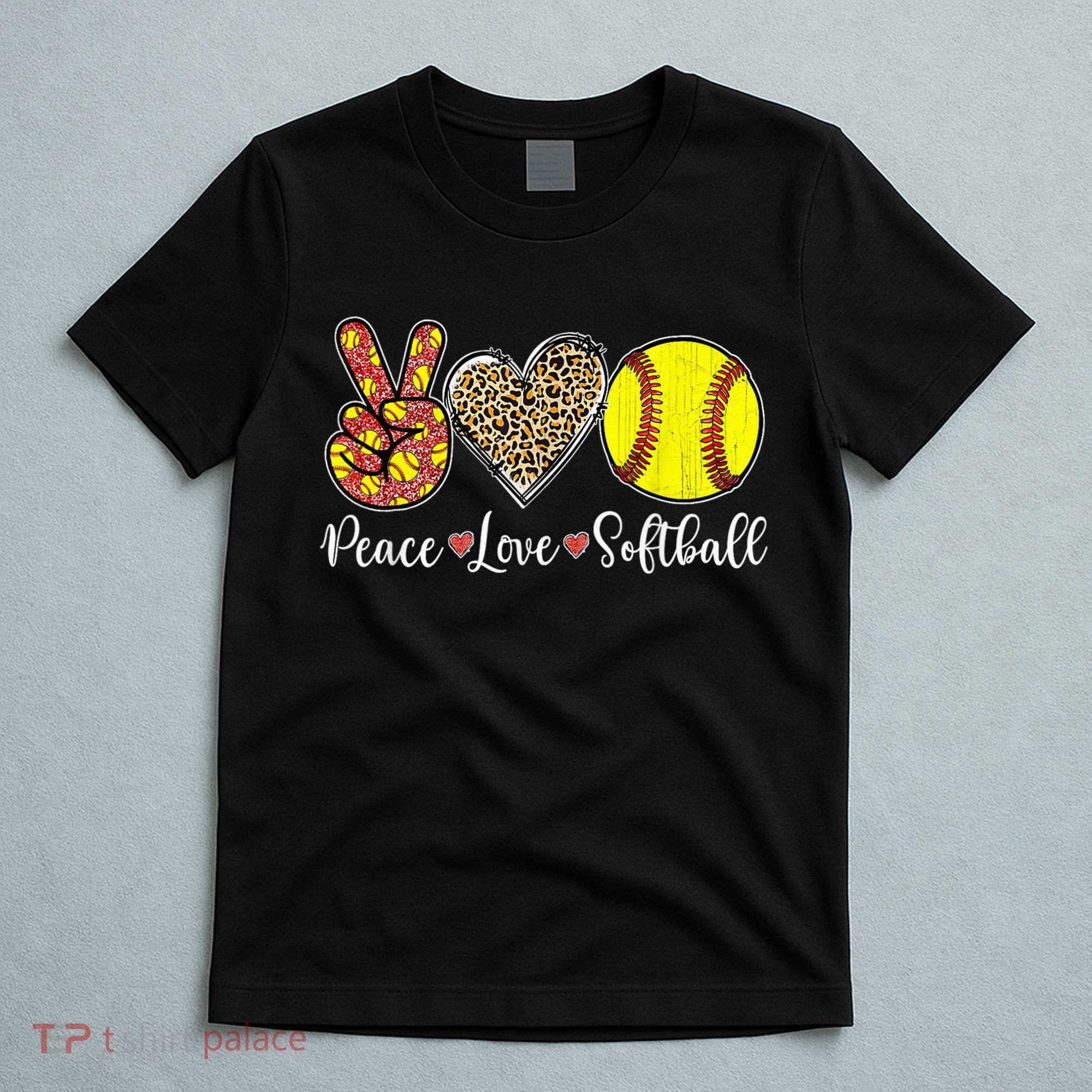 Peace Love Softball Leopard Softball Player Girl Mothers Day T-Shirt