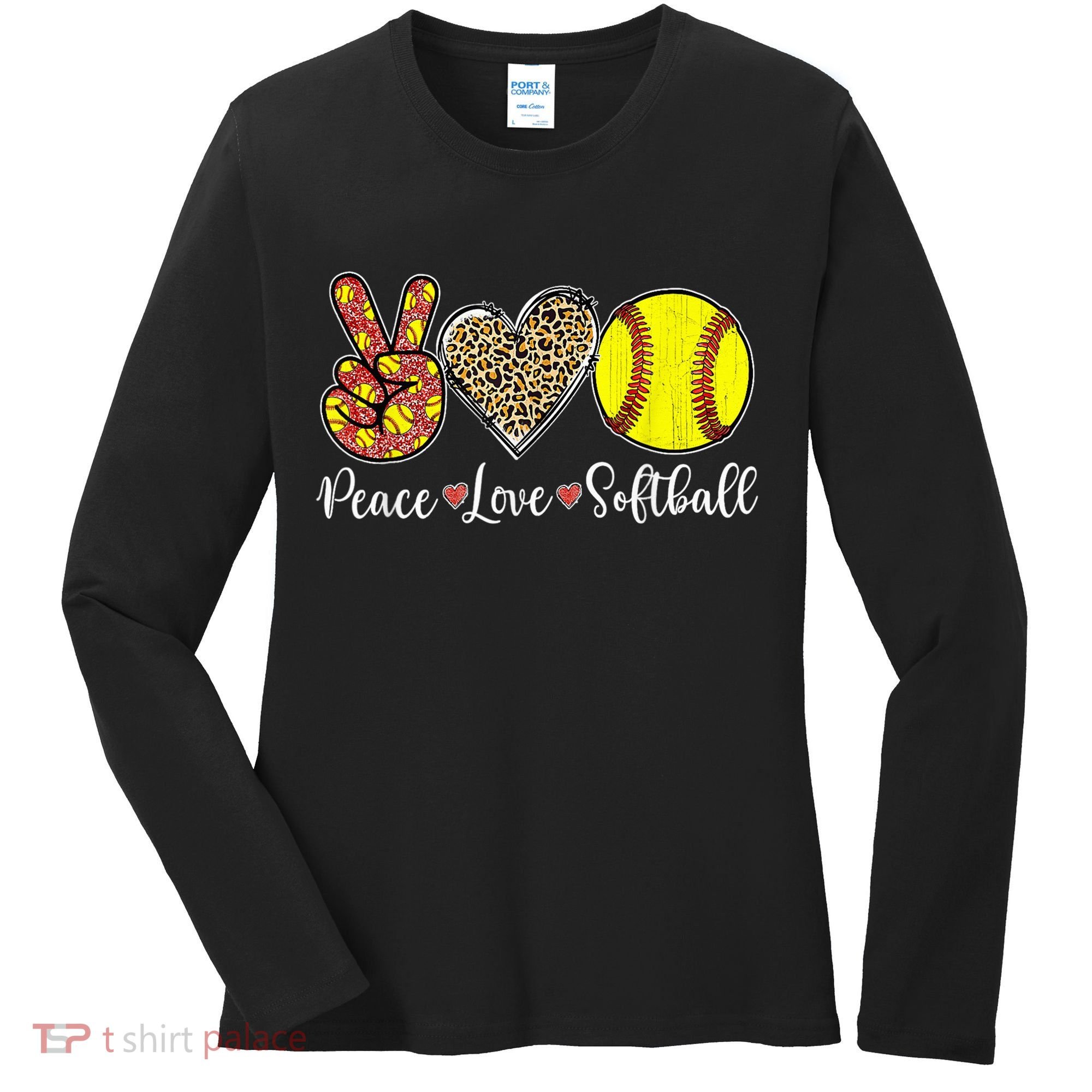 Peace Love Softball Leopard Softball Player Girl Mothers Day Women's Long Sleeve Shirt