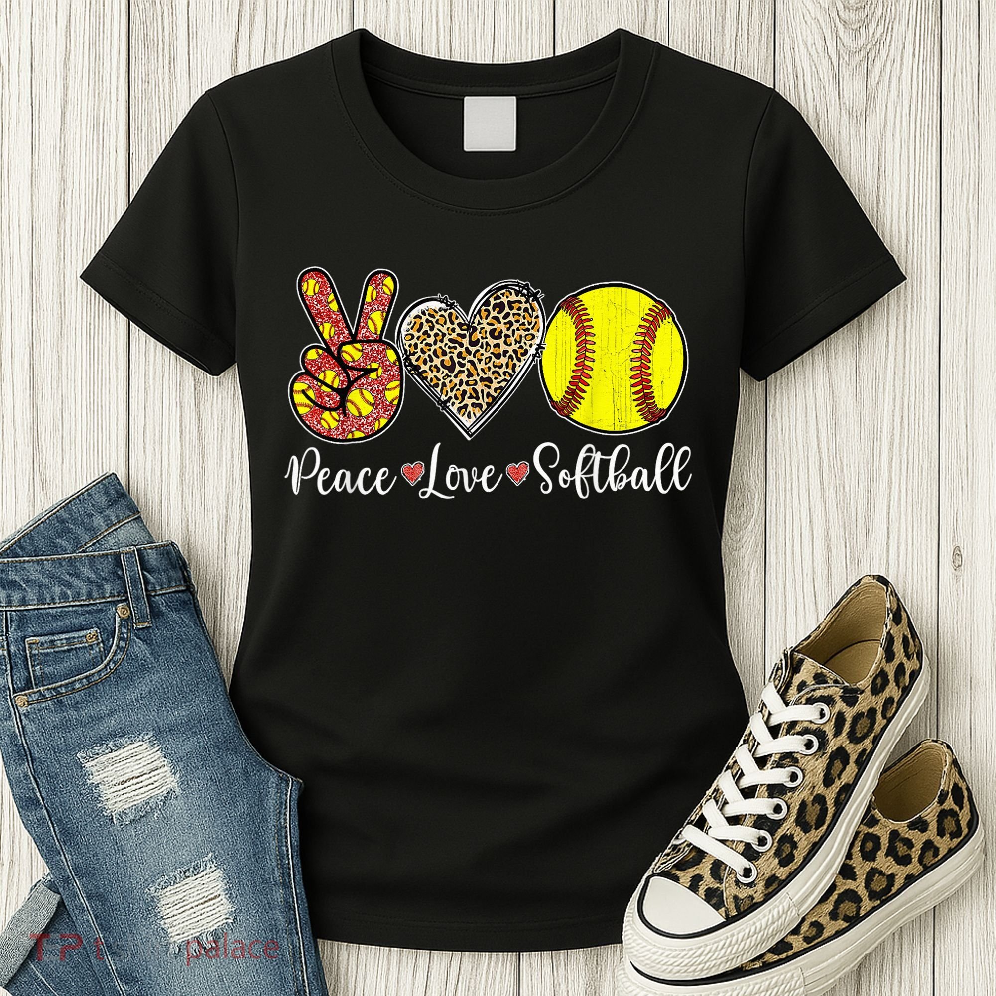 Peace Love Softball Leopard Softball Player Girl Mothers Day Women's T-Shirt