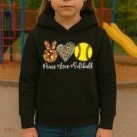 Peace Love Softball Leopard Softball Player Girl Mothers Day Kids Hoodie thumb 3