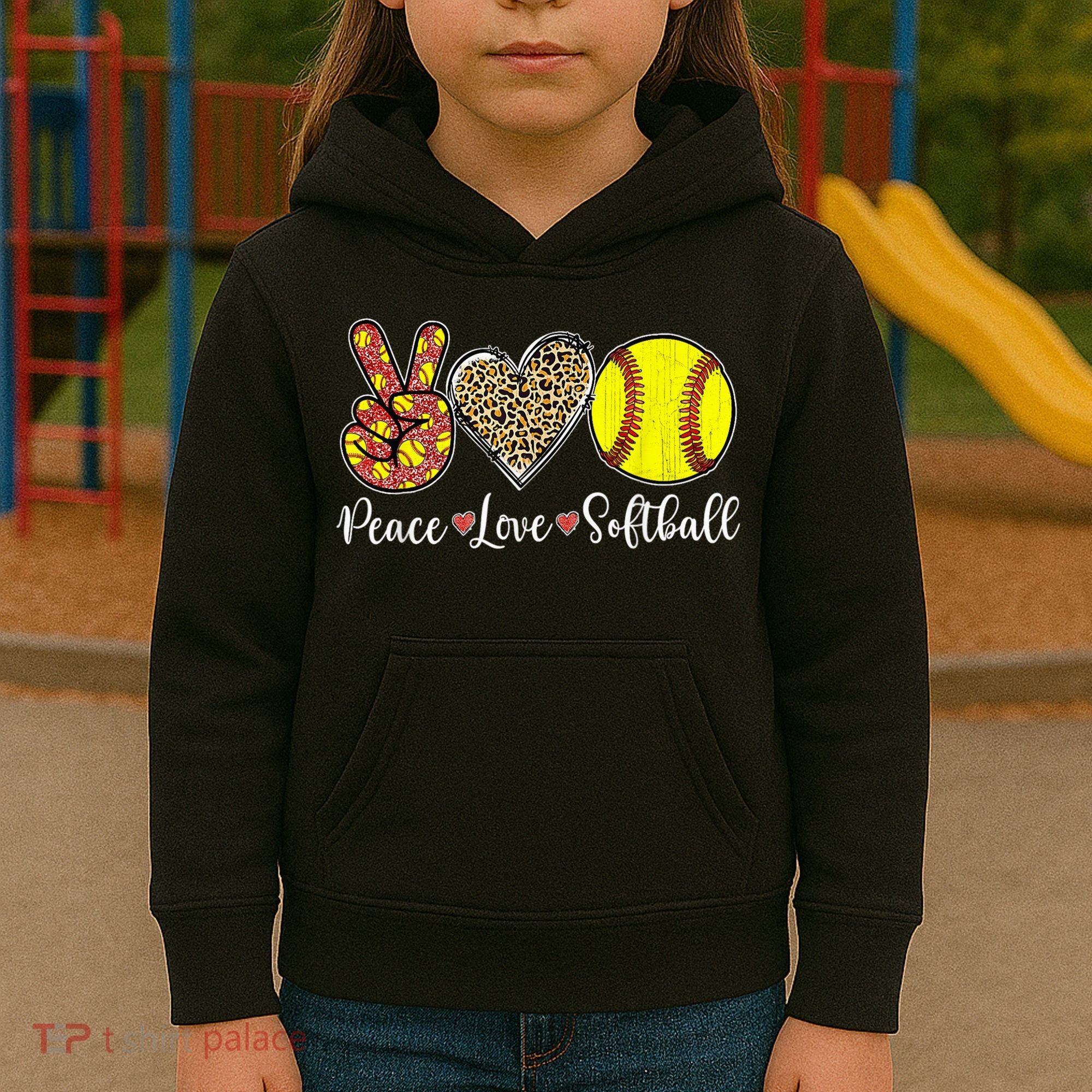 Peace Love Softball Leopard Softball Player Girl Mothers Day Kids Hoodie