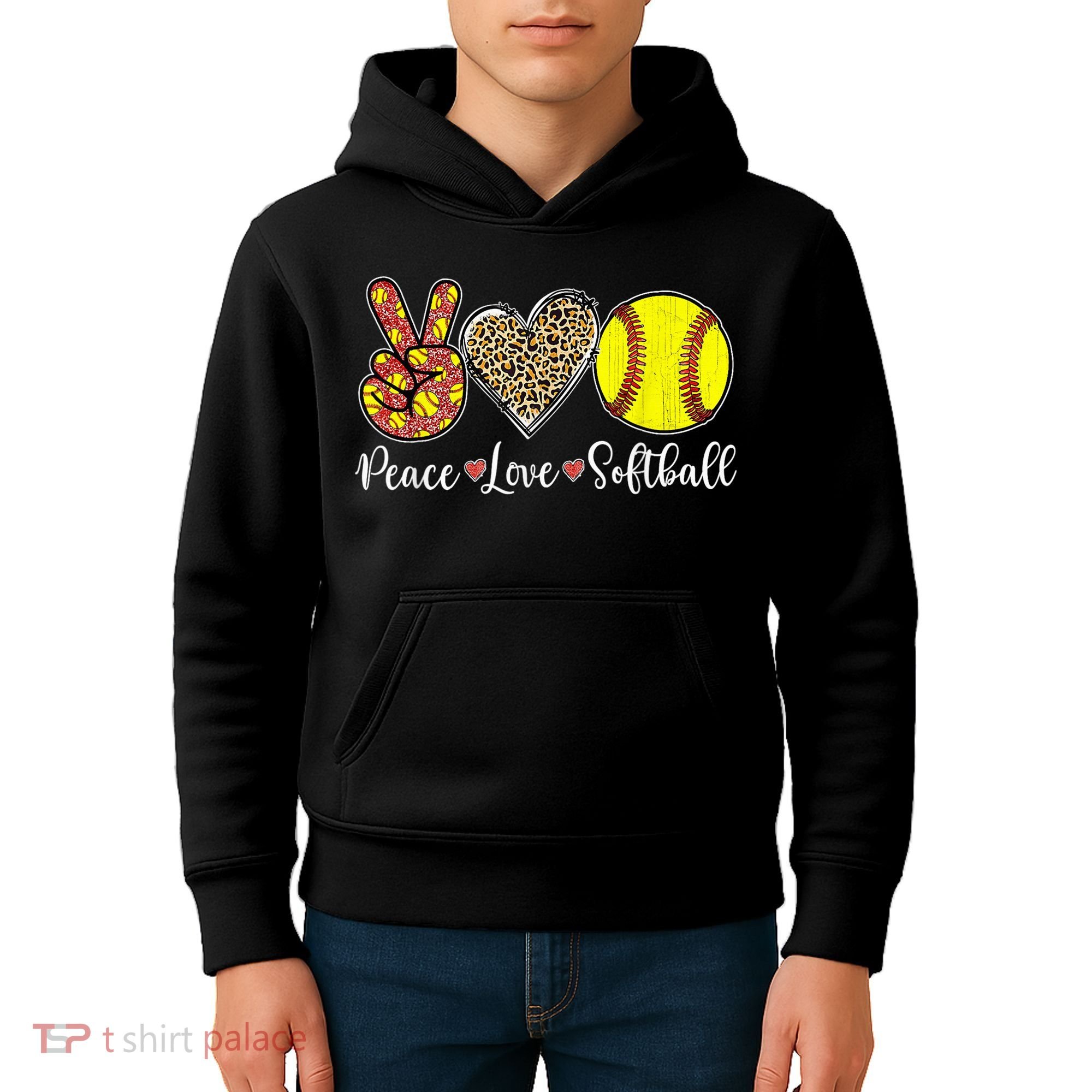 Peace Love Softball Leopard Softball Player Girl Mothers Day Kids Hoodie