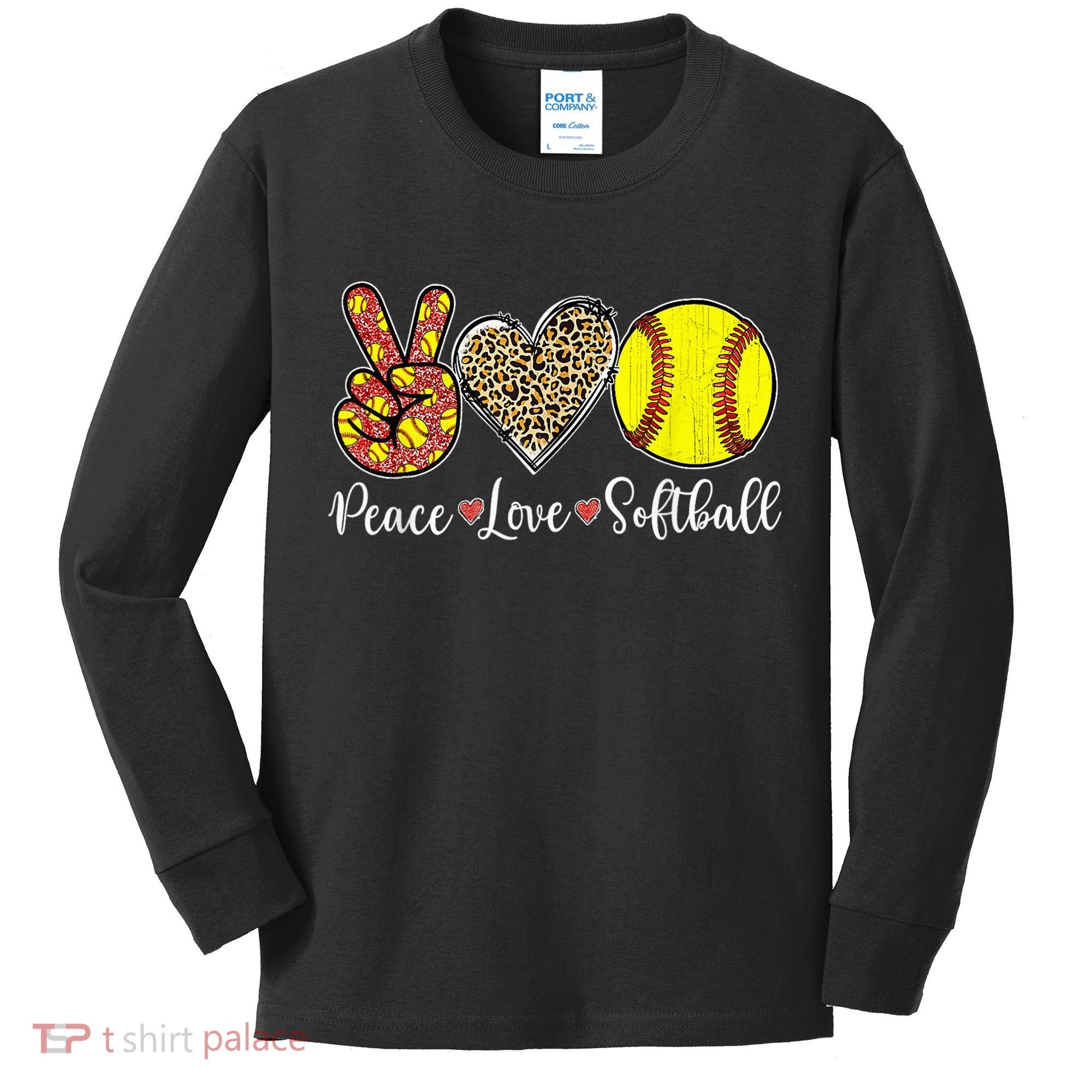 Peace Love Softball Leopard Softball Player Girl Mothers Day Kids Long Sleeve Shirt