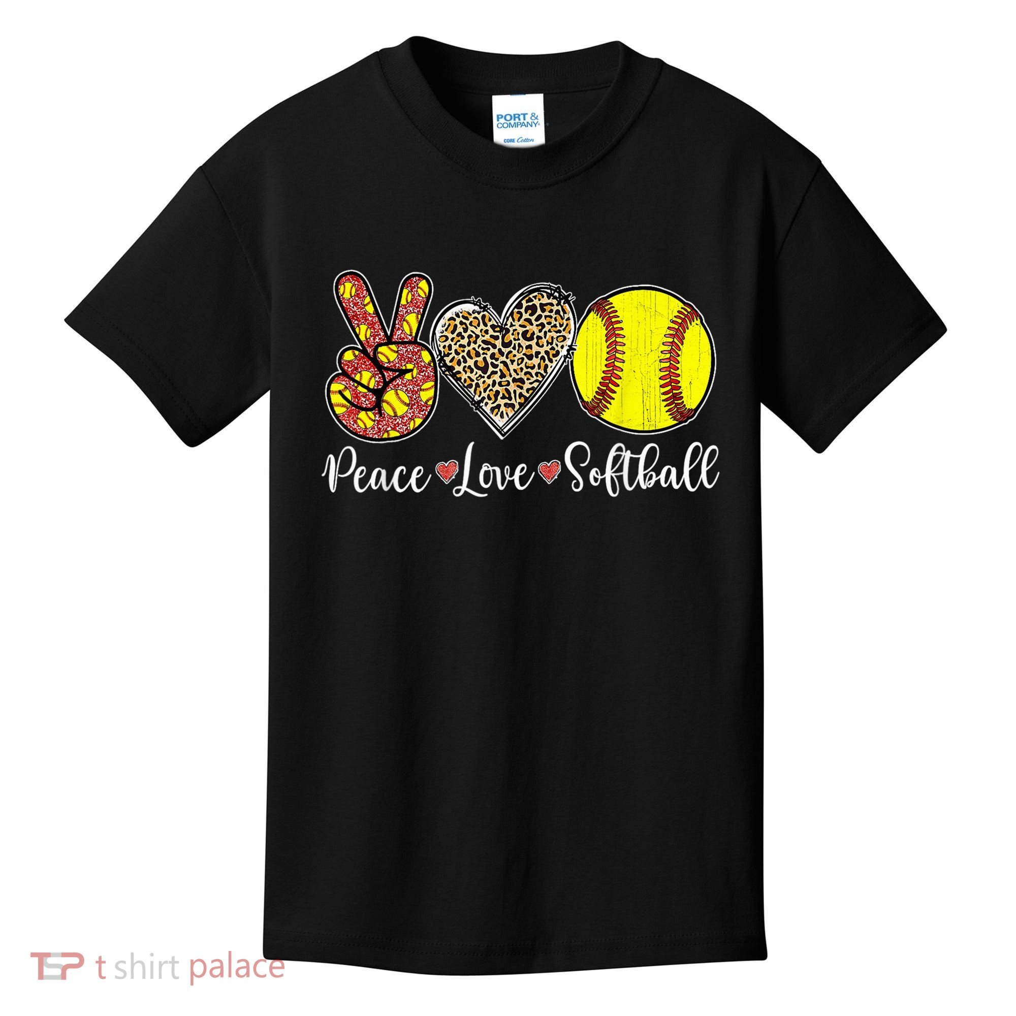 Peace Love Softball Leopard Softball Player Girl Mothers Day Kids T-Shirt