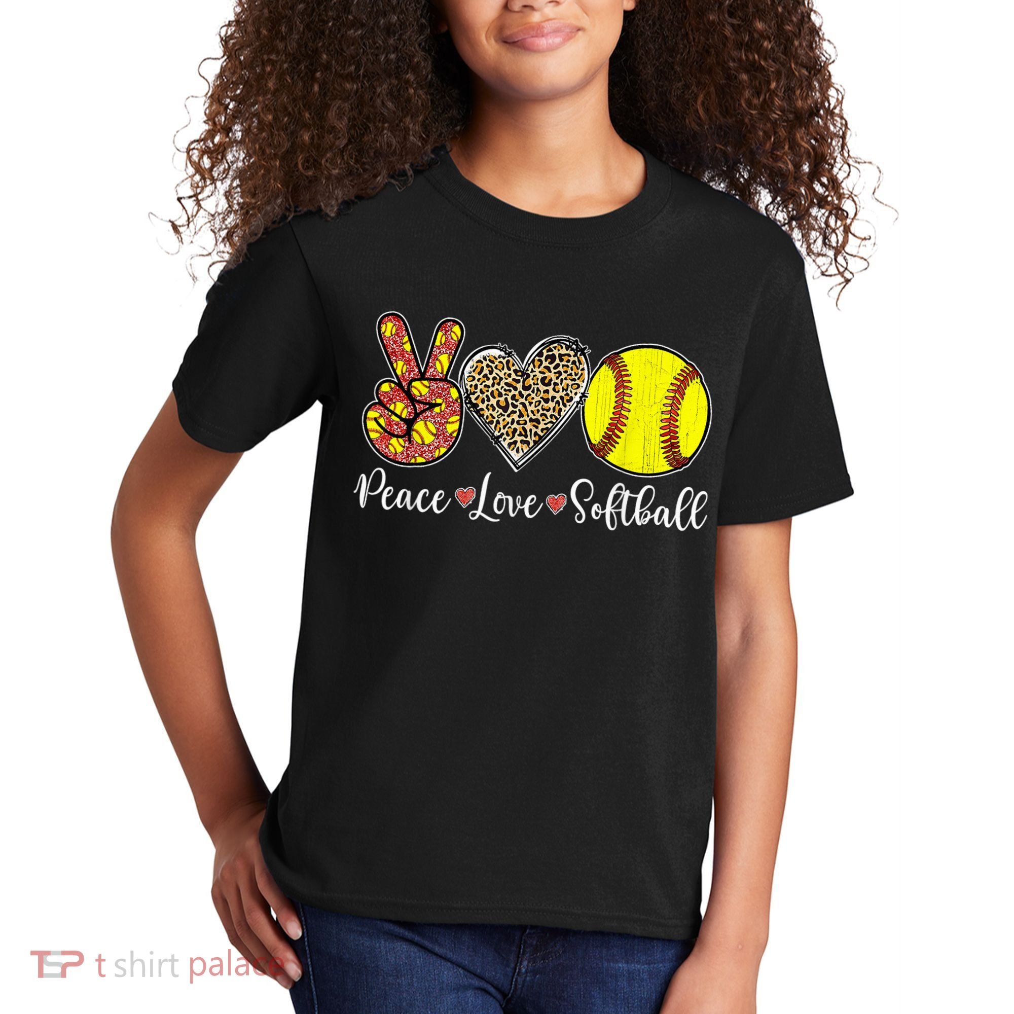Peace Love Softball Leopard Softball Player Girl Mothers Day Kids T-Shirt