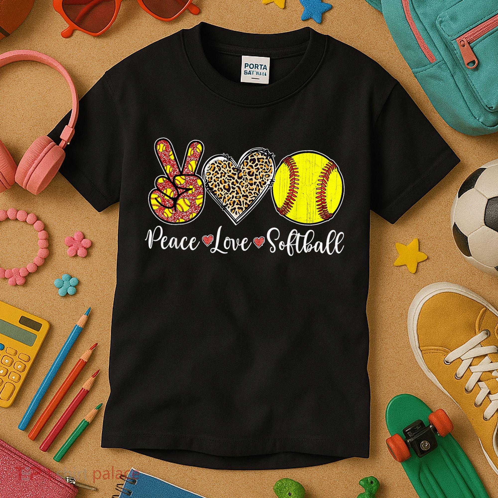 Peace Love Softball Leopard Softball Player Girl Mothers Day Kids T-Shirt