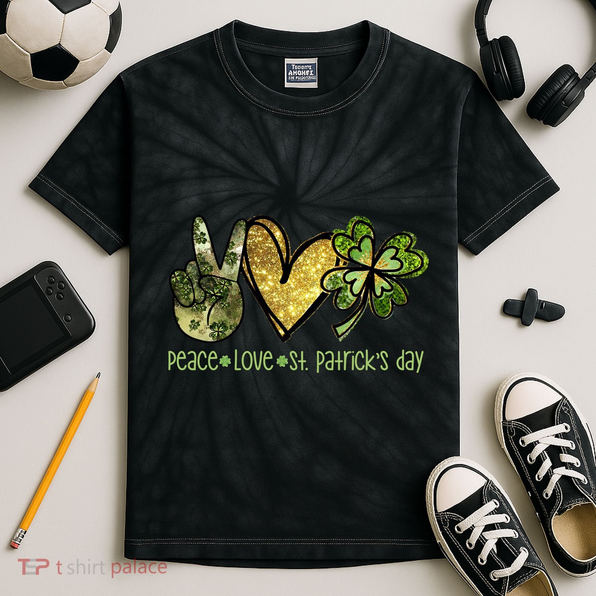 Peace Love St Patrick's Day Festive Kids Tie-Dye T-Shirt