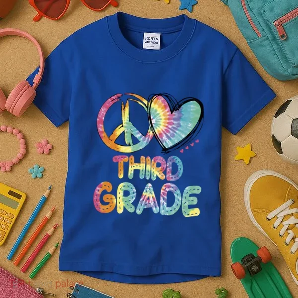 Peace Love Third Grade Funny Tie Dye Hello Third Grade Gift Kids T-Shirt