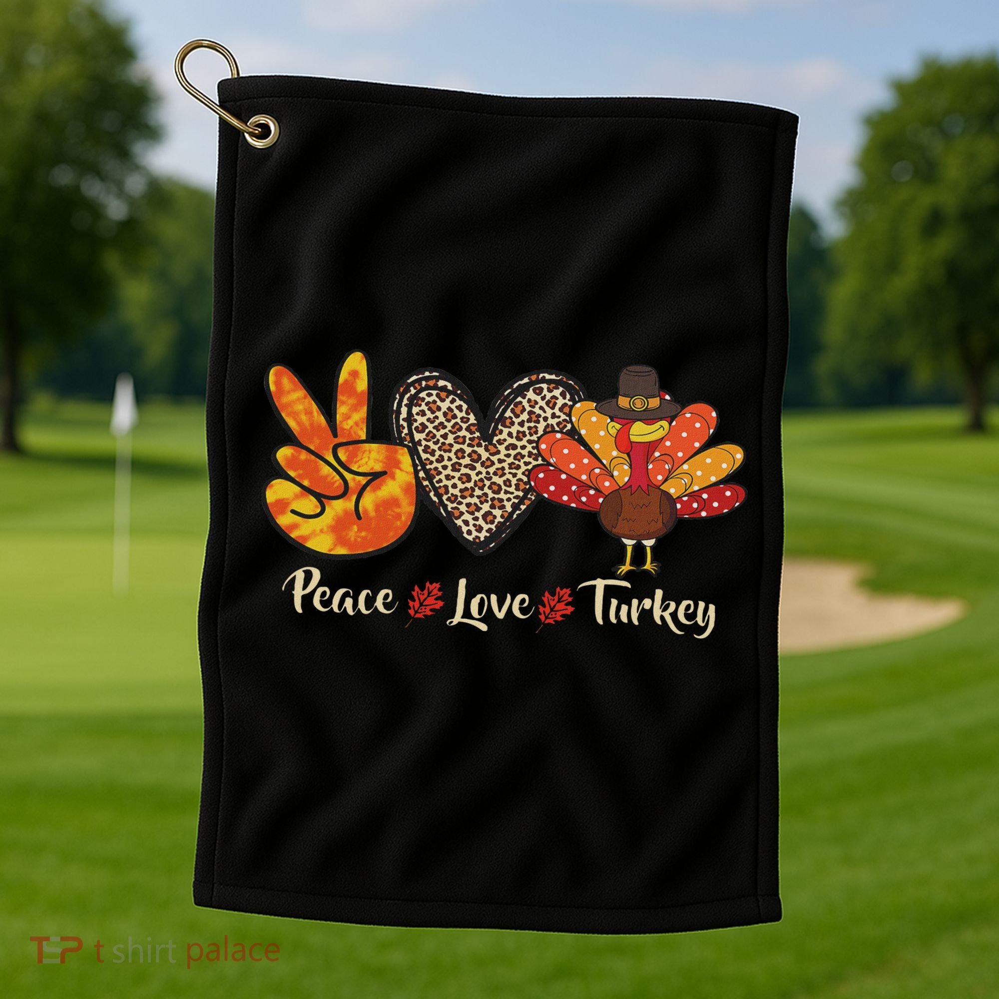 Peace Love Turkey Little Pilgrim Thanksgiving Golf Towel