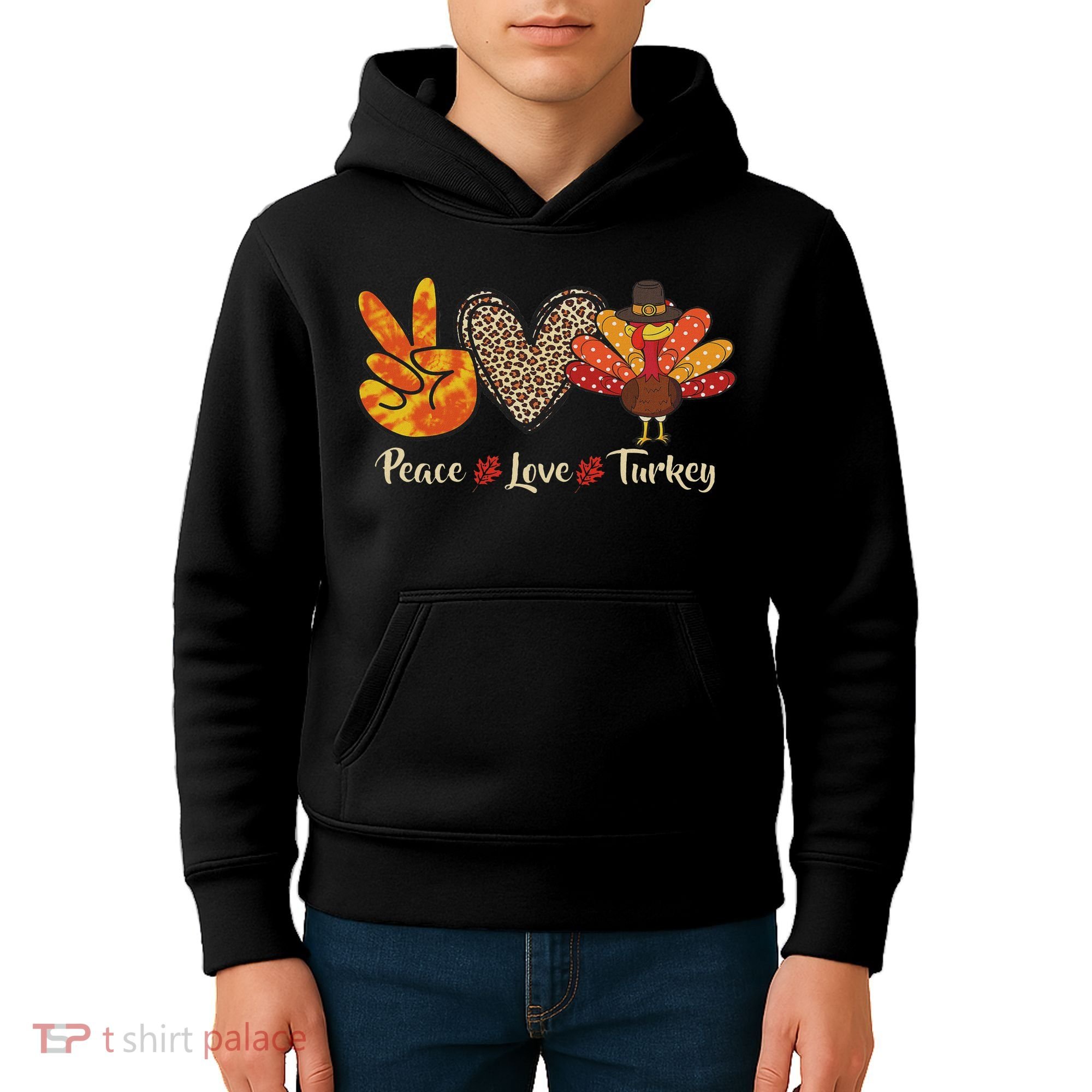Peace Love Turkey Little Pilgrim Thanksgiving Kids Hoodie