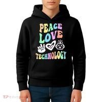 PEACE LOVE TECHNOLOGY Teacher Groovy School Kids Hoodie thumb 4