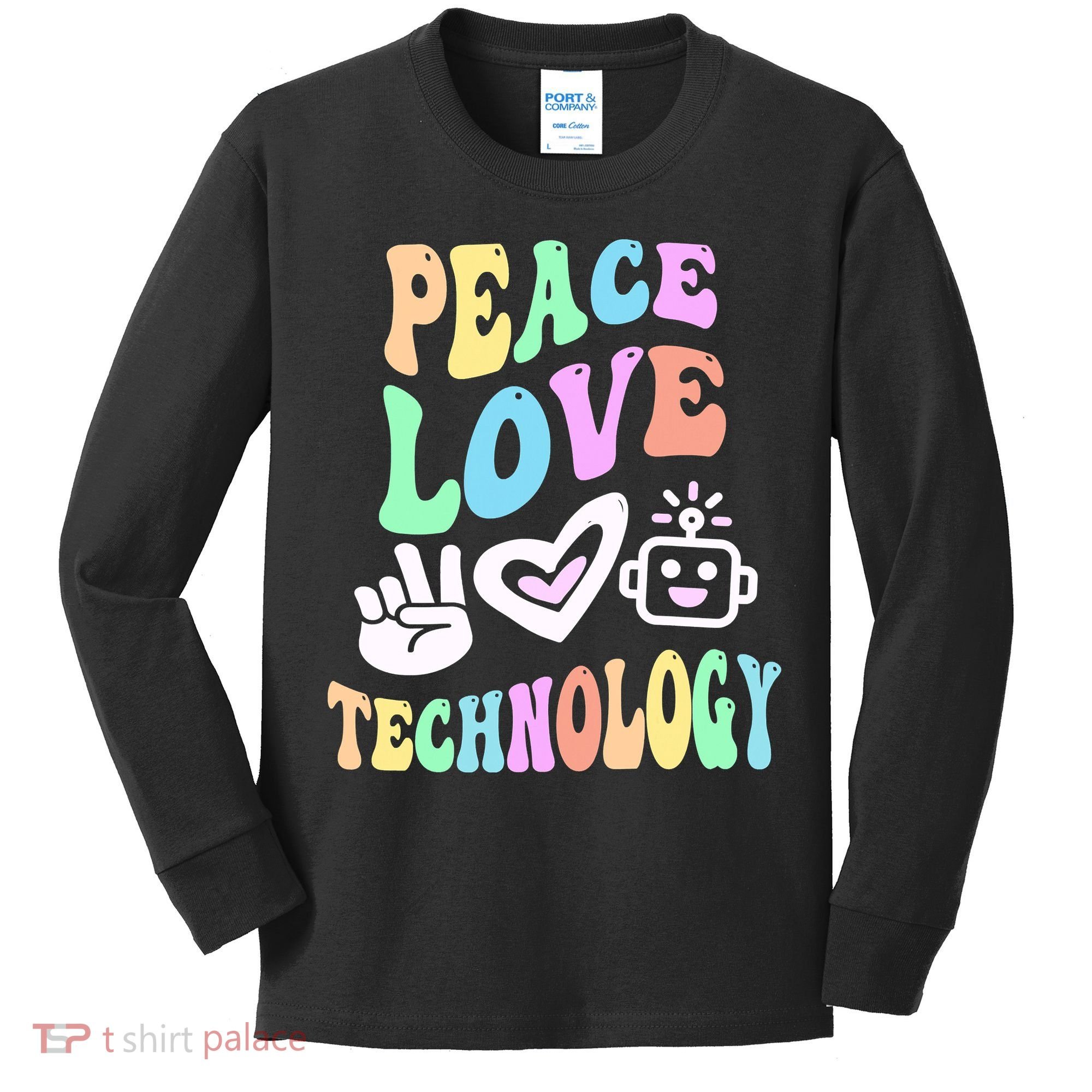 PEACE LOVE TECHNOLOGY Teacher Groovy School Kids Long Sleeve Shirt