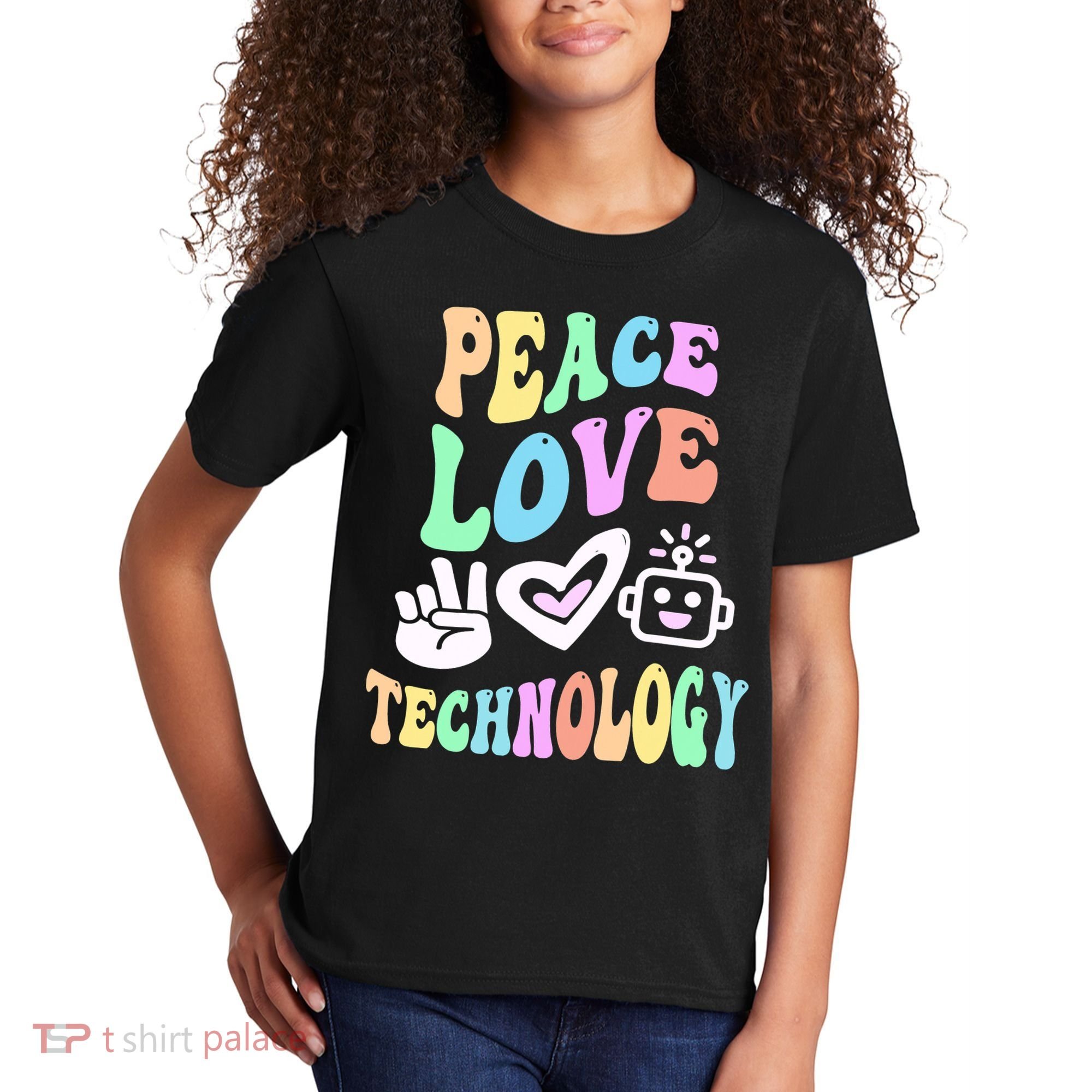PEACE LOVE TECHNOLOGY Teacher Groovy School Kids T-Shirt