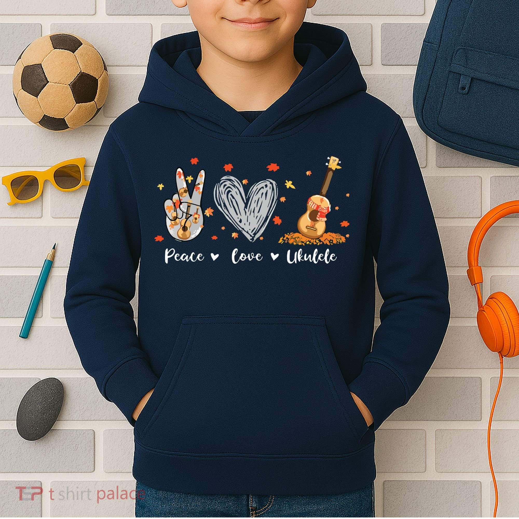 Peace Love Ukulele Hawaiian Ukelele Uke Guitar Players Kids Hoodie