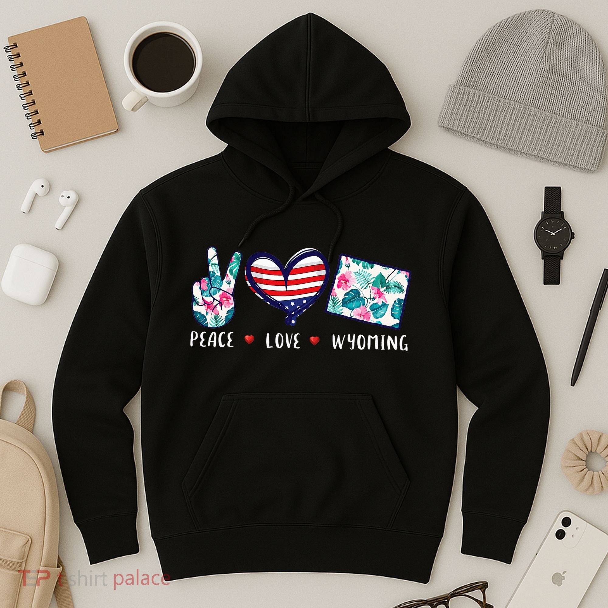Peace Love Wyoming Flag Grown Souvenirs Hoodie