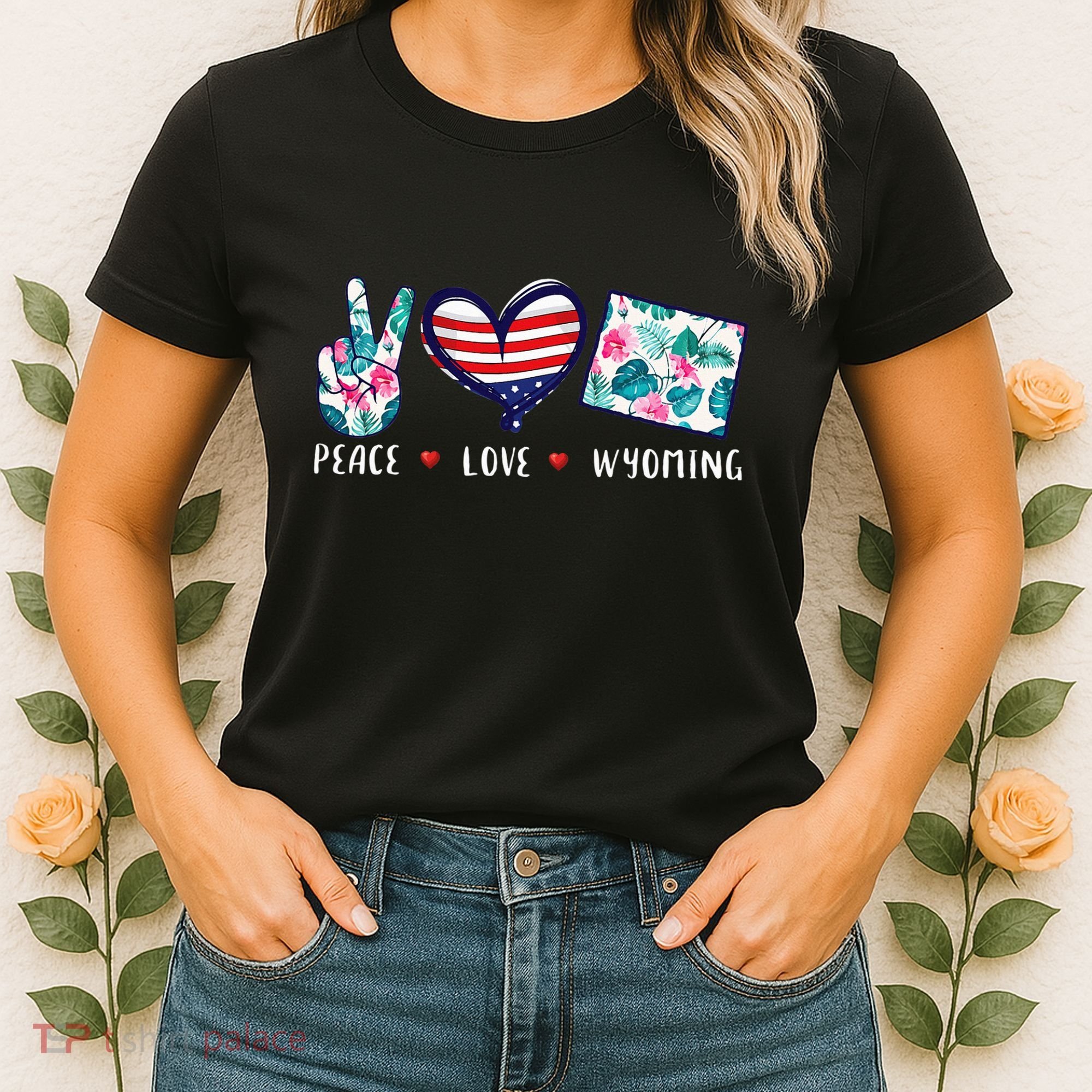 Peace Love Wyoming Flag Grown Souvenirs Women's T-Shirt