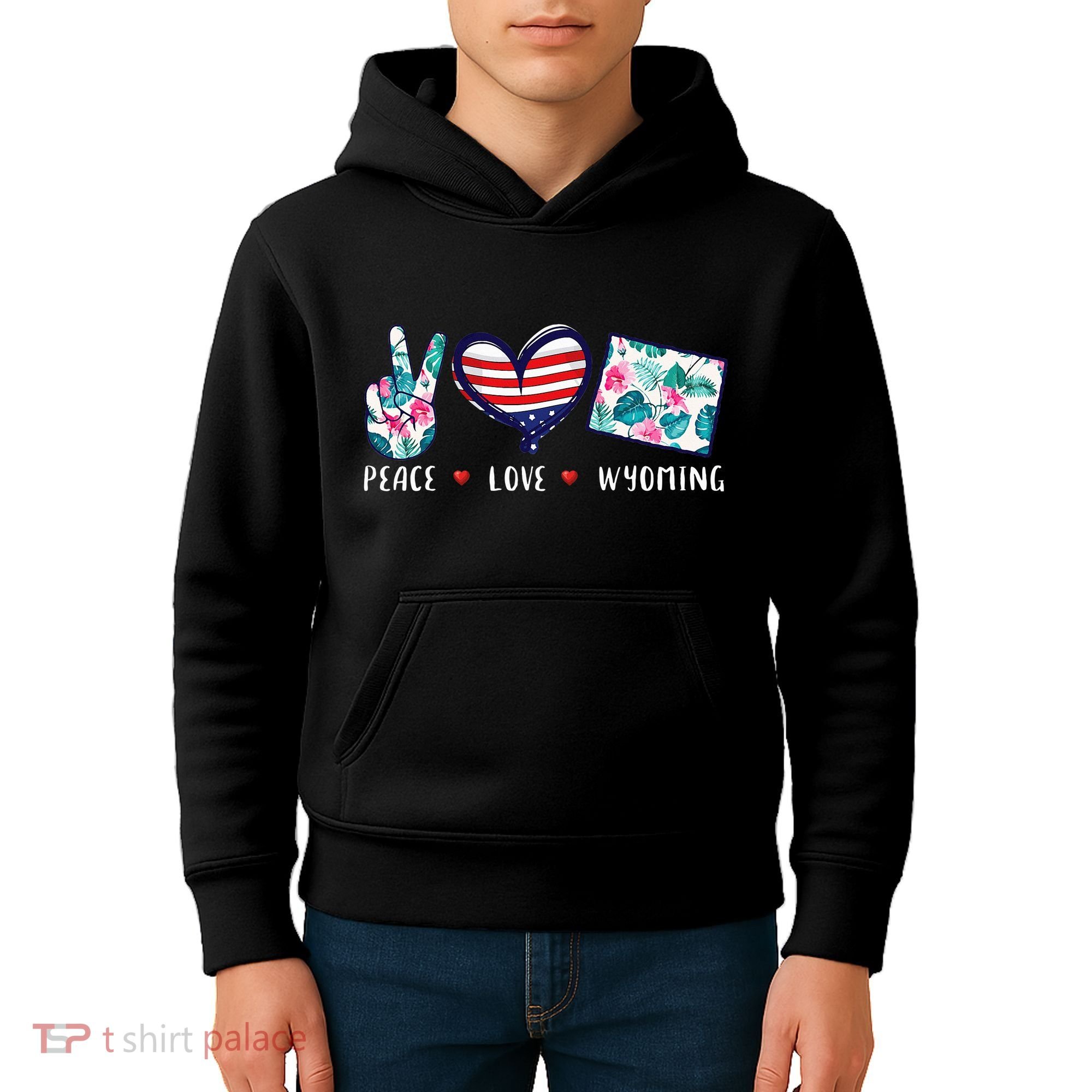 Peace Love Wyoming Flag Grown Souvenirs Kids Hoodie