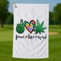 Peace Love Weed Marijuana Hippie Weed Cannabis 420 Stoner Golf Towel thumb 1
