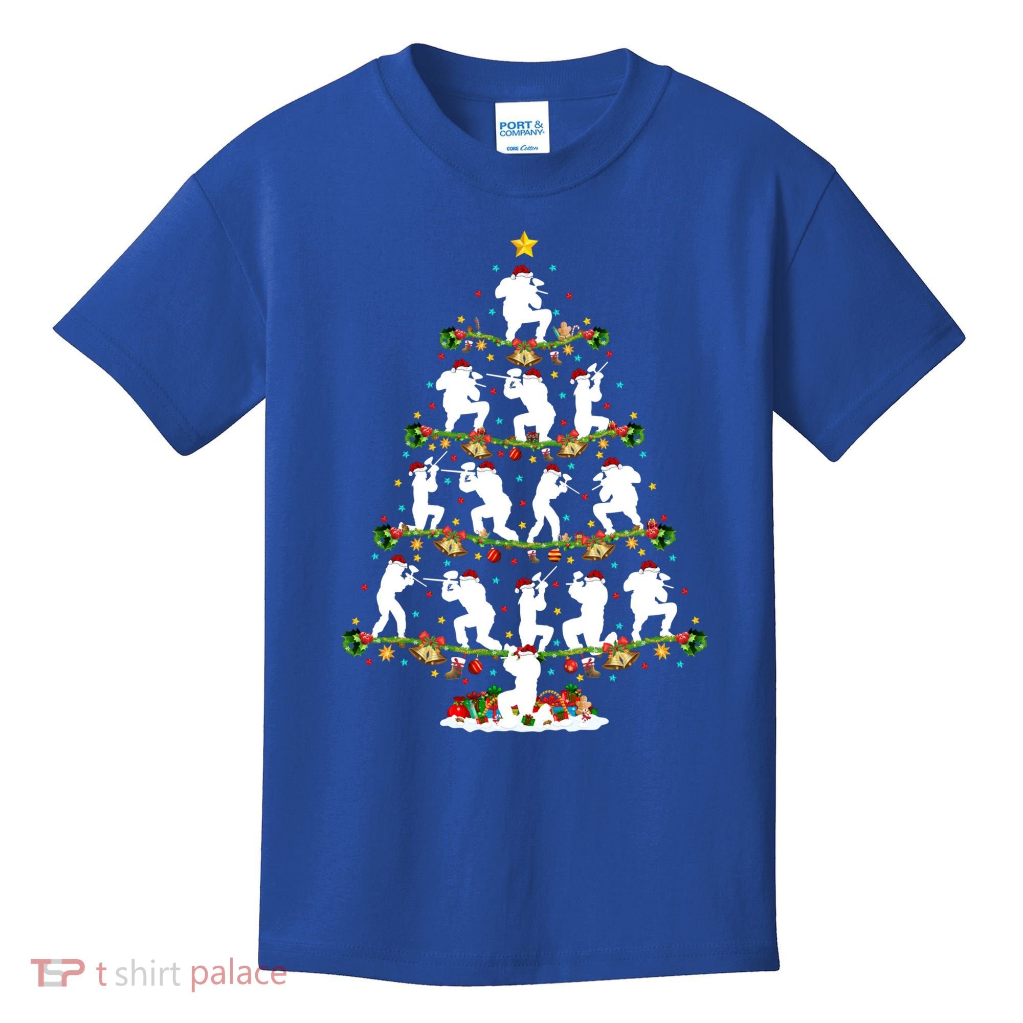 Paintball Lover Xmas Santa Paintball Player Christmas Tree Funny Gift Kids T-Shirt