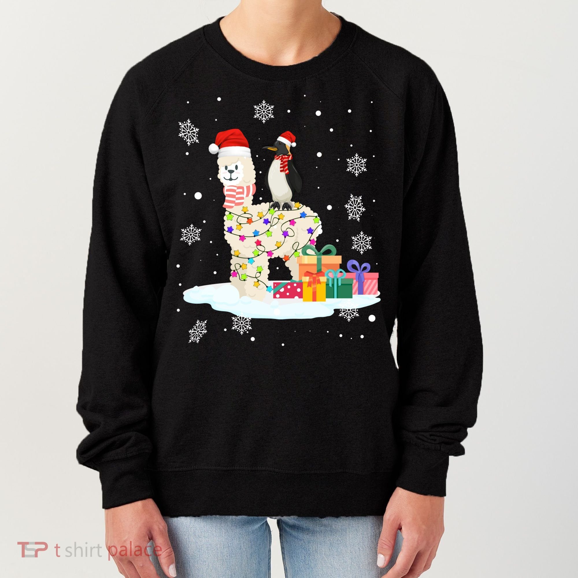 Penguins Lover Xmas Lighting Penguin Riding Llama Christmas Funny Gift Women's Sweatshirt
