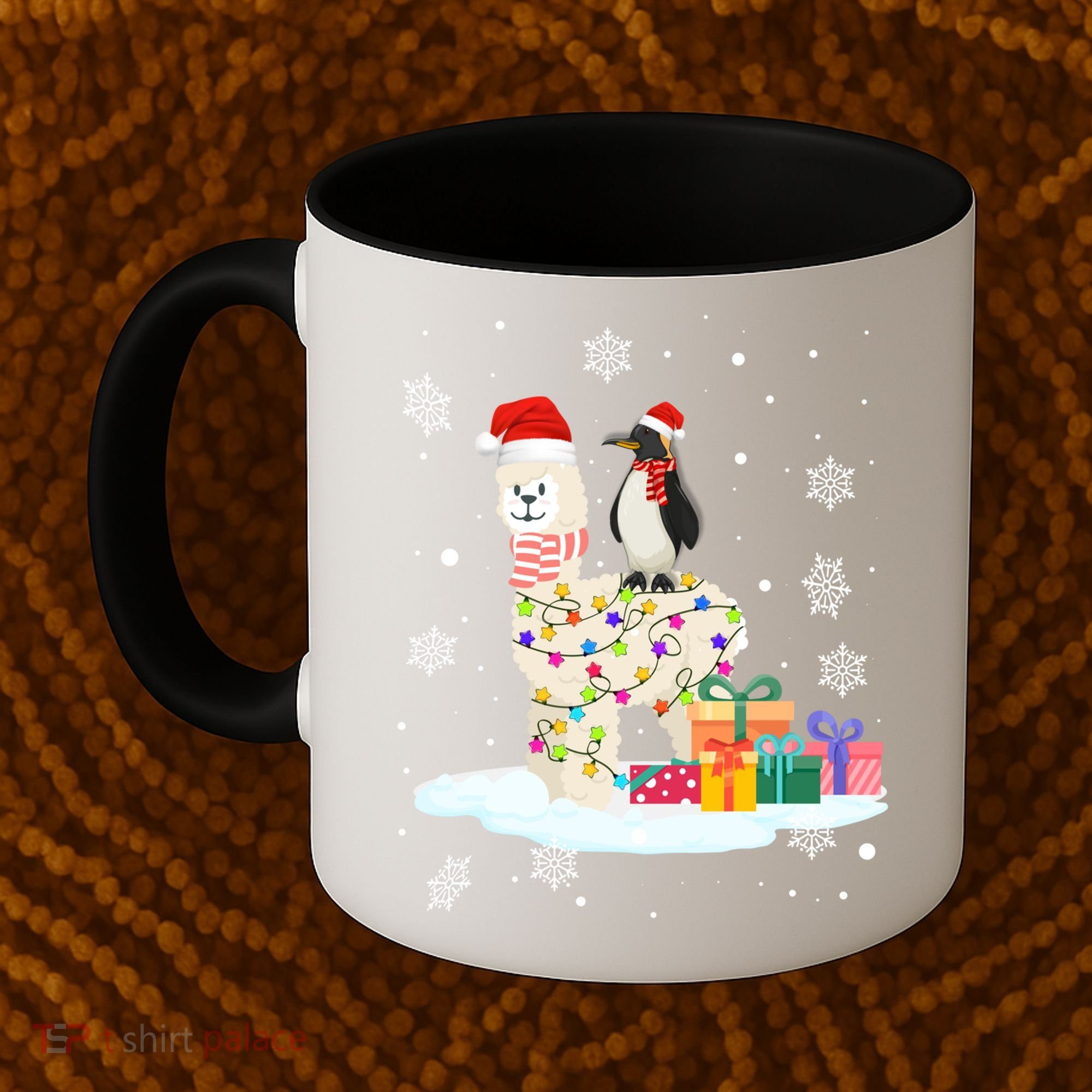 Penguins Lover Xmas Lighting Penguin Riding Llama Christmas Funny Gift Coffee Mug