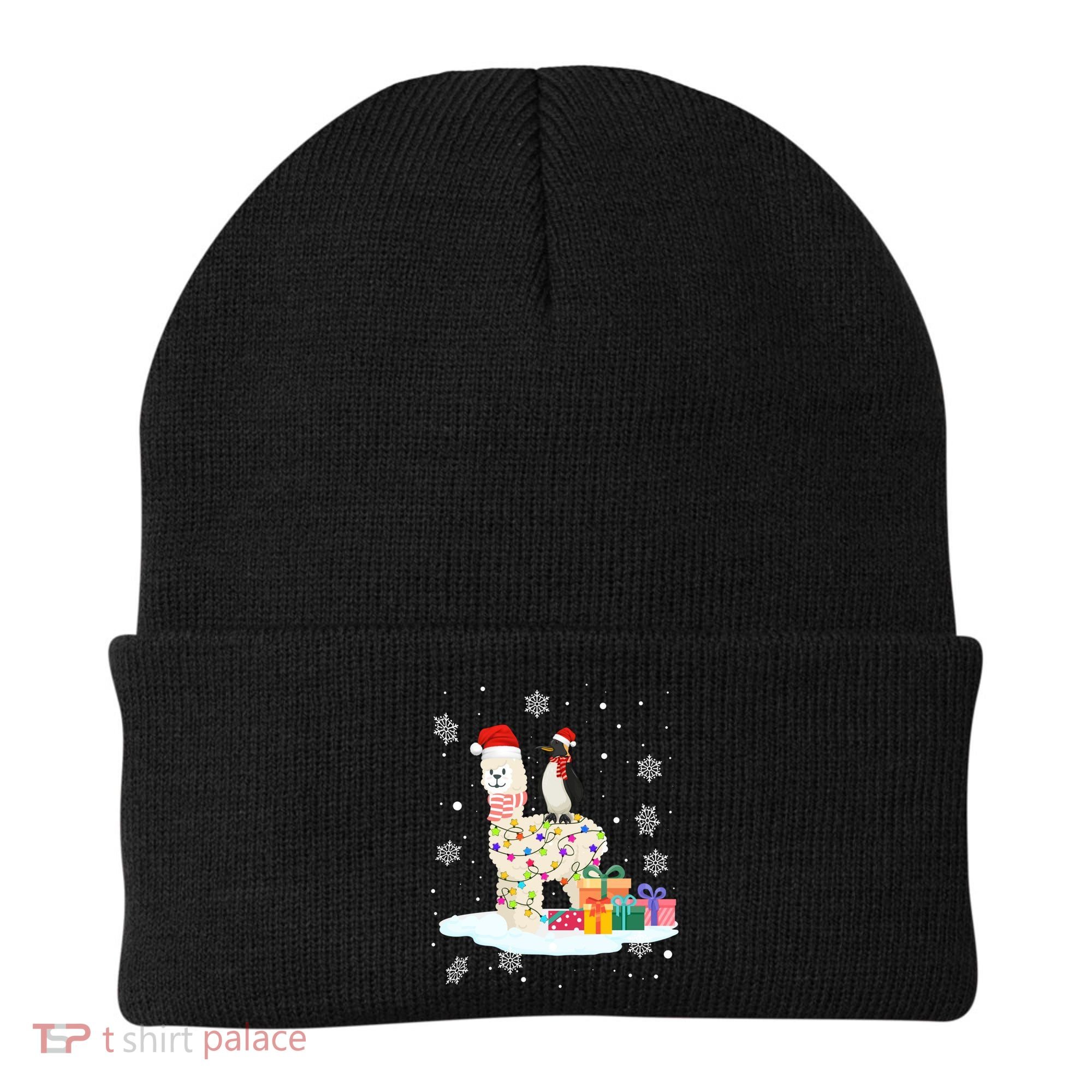 Penguins Lover Xmas Lighting Penguin Riding Llama Christmas Funny Gift Beanie