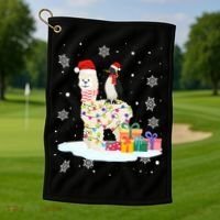 Penguins Lover Xmas Lighting Penguin Riding Llama Christmas Funny Gift Golf Towel thumb 1