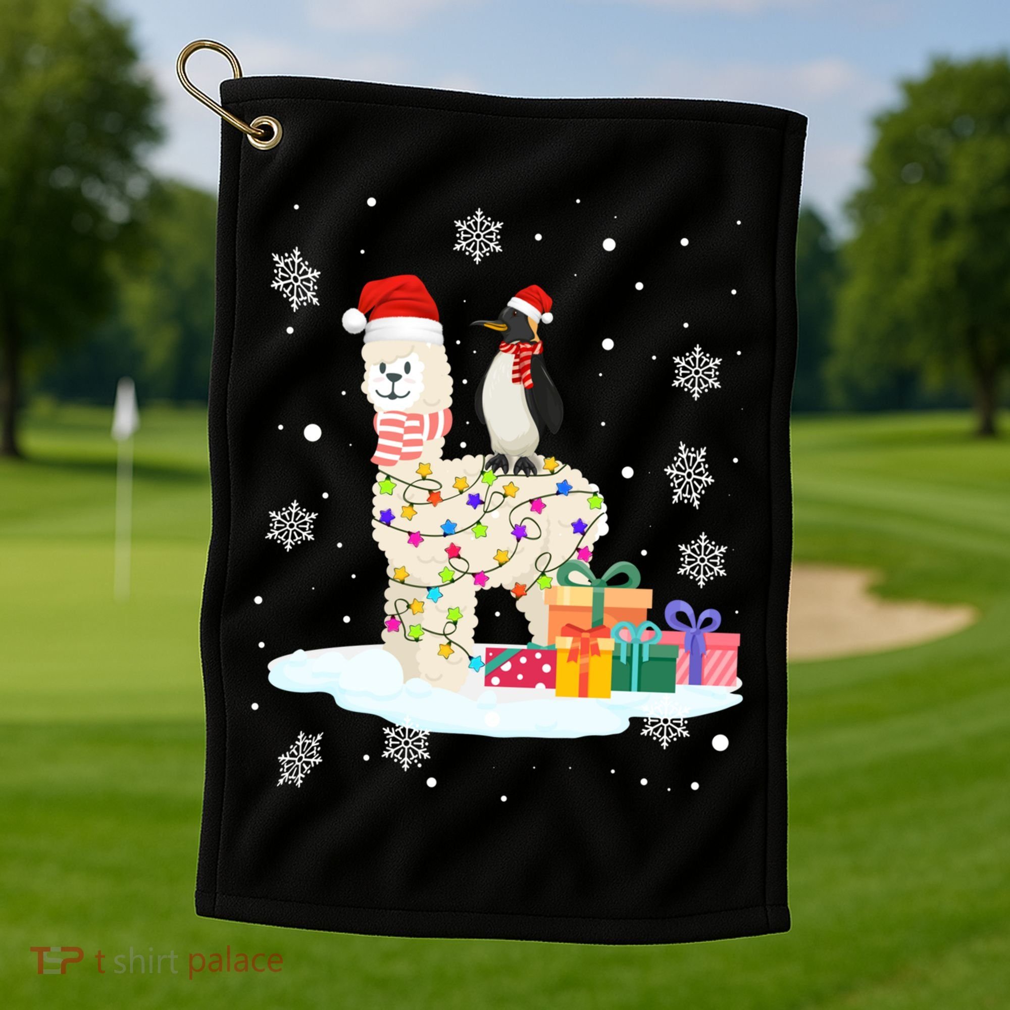 Penguins Lover Xmas Lighting Penguin Riding Llama Christmas Funny Gift Golf Towel