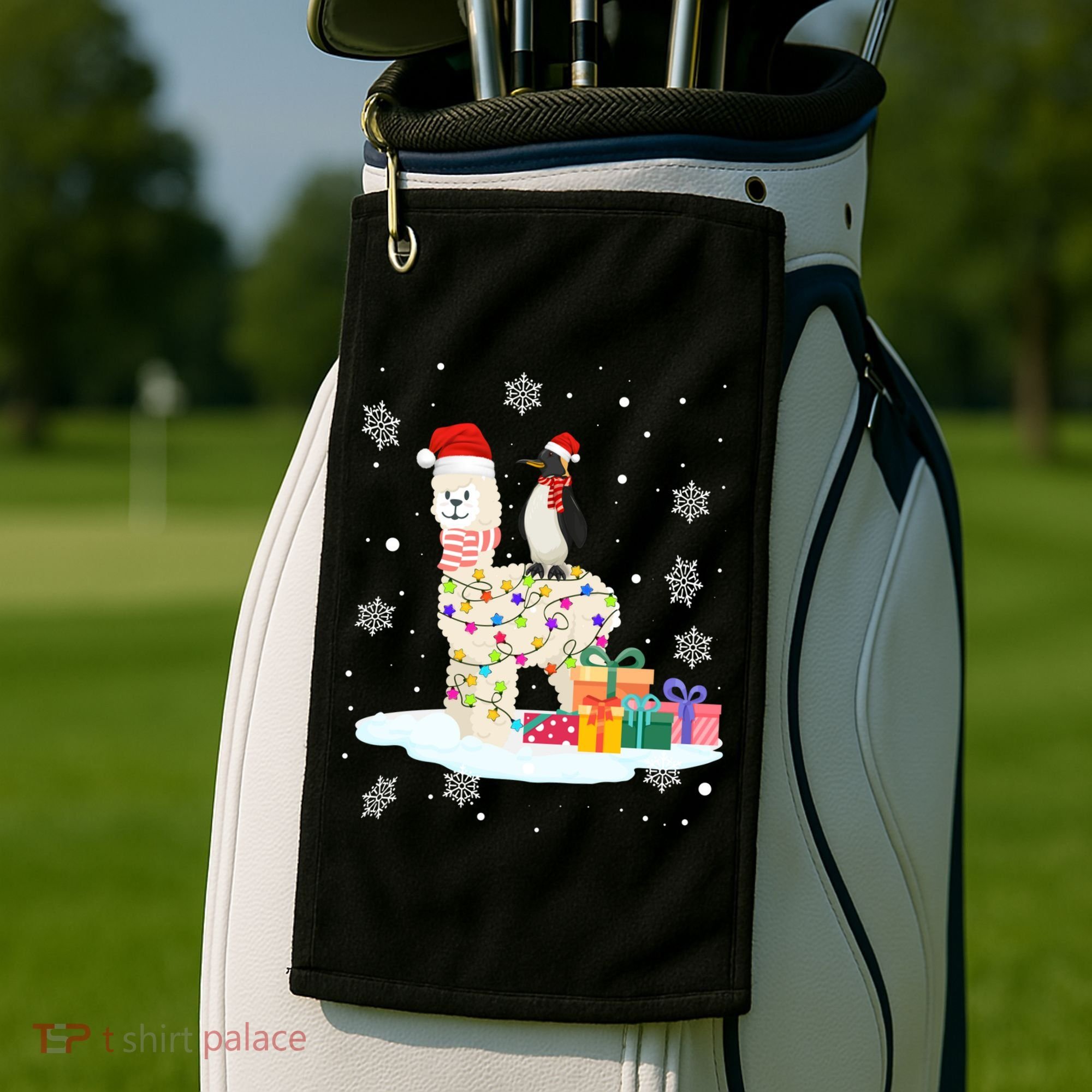Penguins Lover Xmas Lighting Penguin Riding Llama Christmas Funny Gift Golf Towel