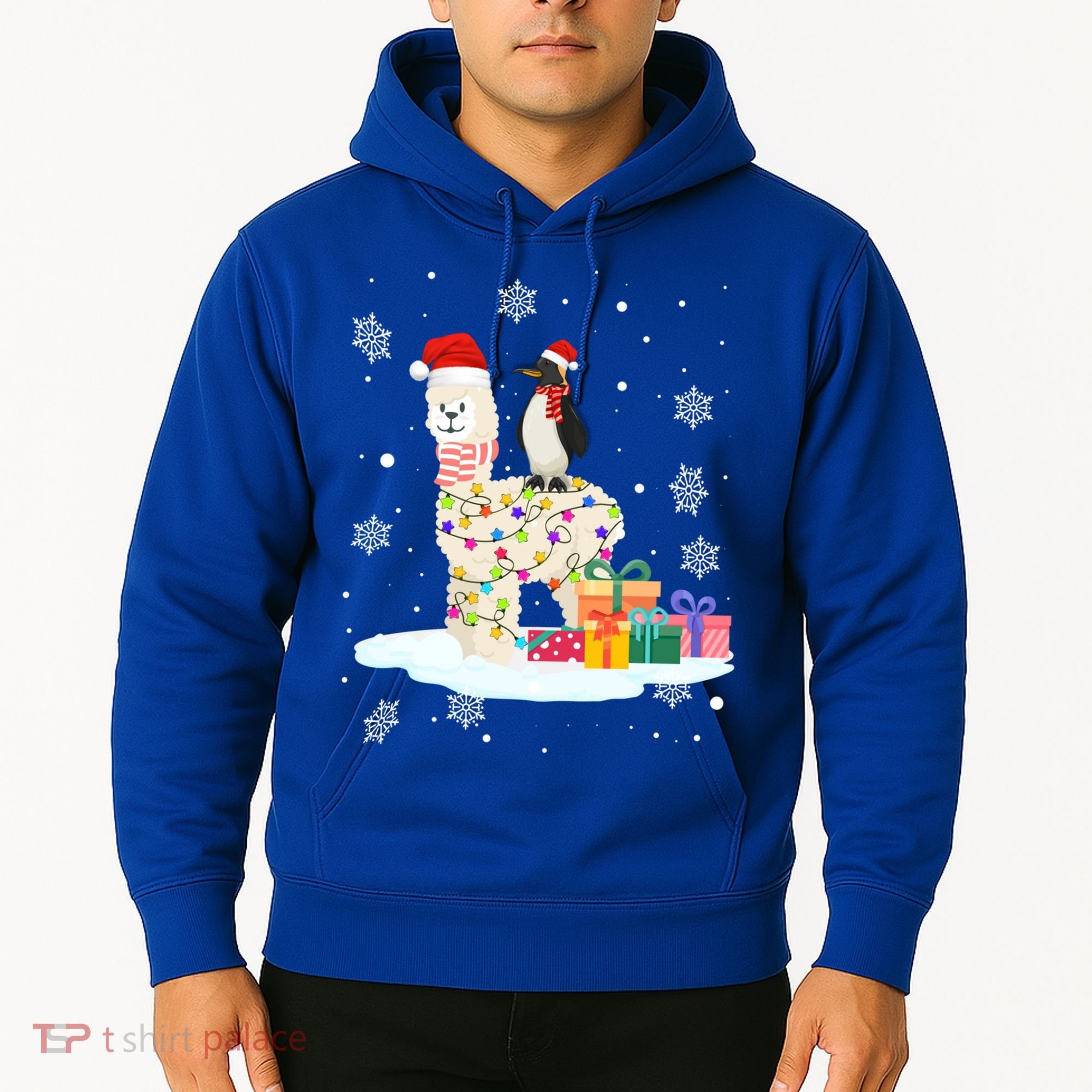Penguins Lover Xmas Lighting Penguin Riding Llama Christmas Funny Gift Hoodie