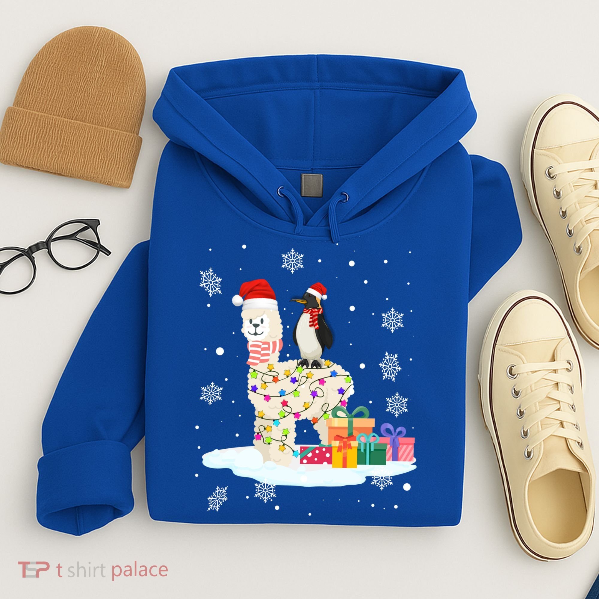 Penguins Lover Xmas Lighting Penguin Riding Llama Christmas Funny Gift Hoodie