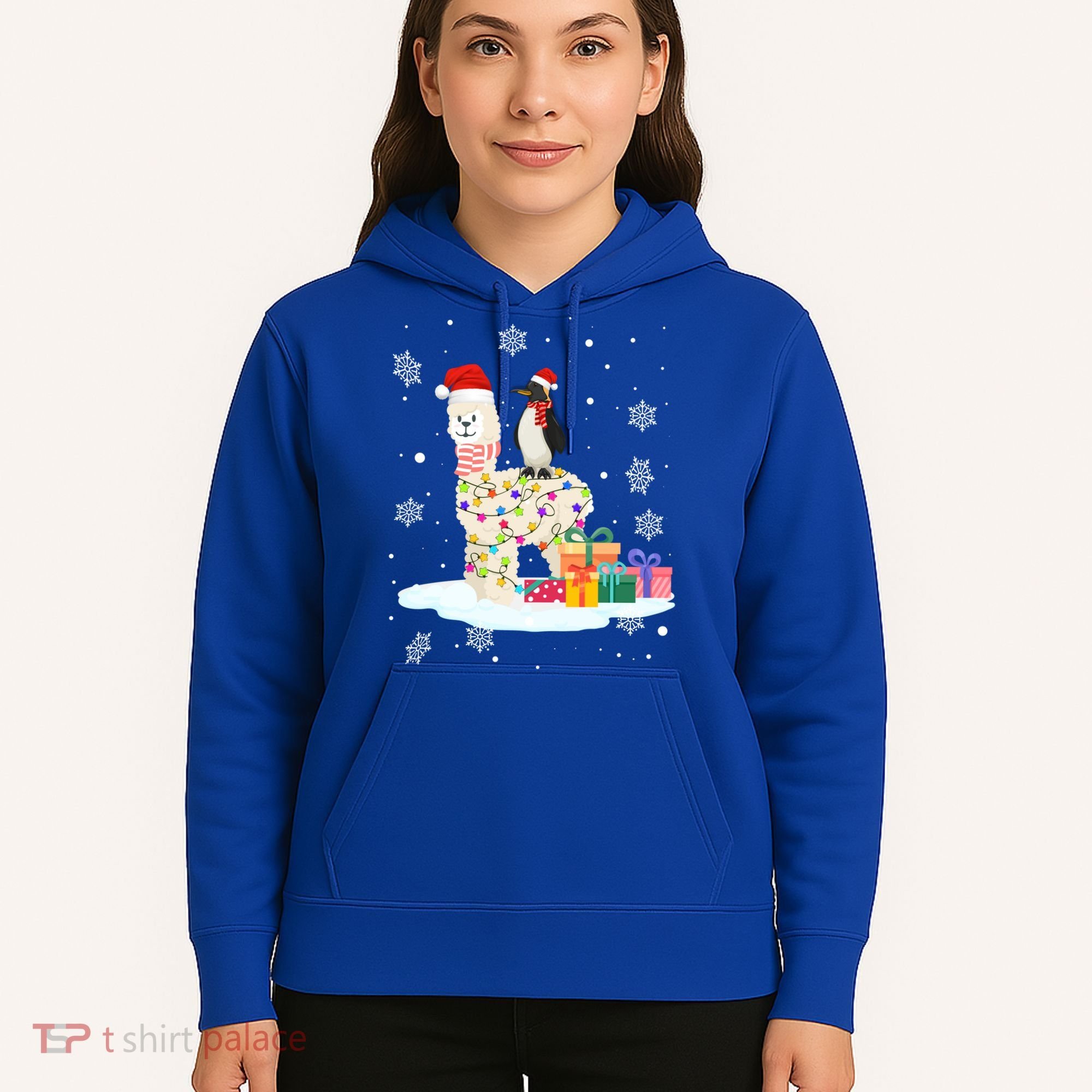 Penguins Lover Xmas Lighting Penguin Riding Llama Christmas Funny Gift Hoodie