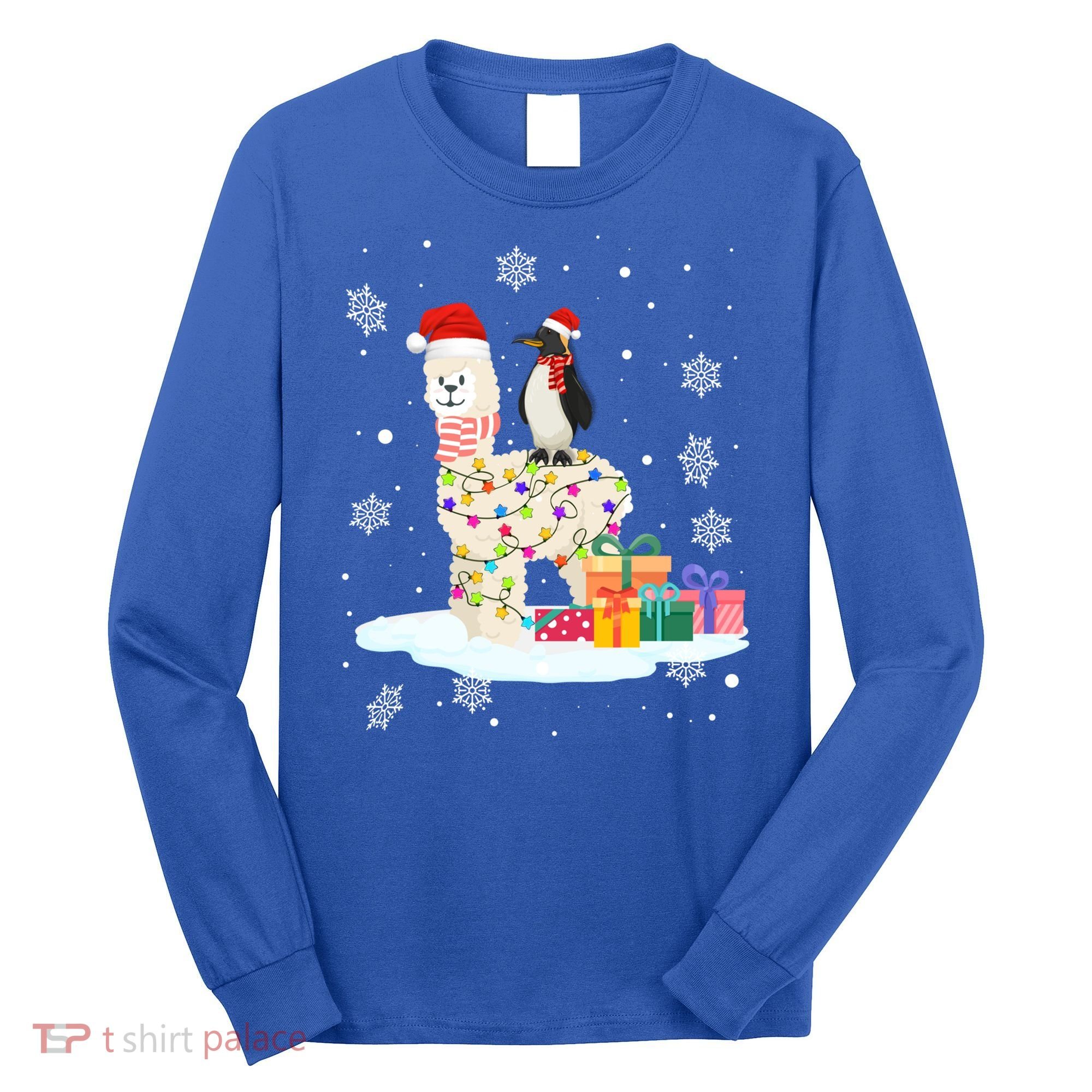 Penguins Lover Xmas Lighting Penguin Riding Llama Christmas Funny Gift Long Sleeve Shirt