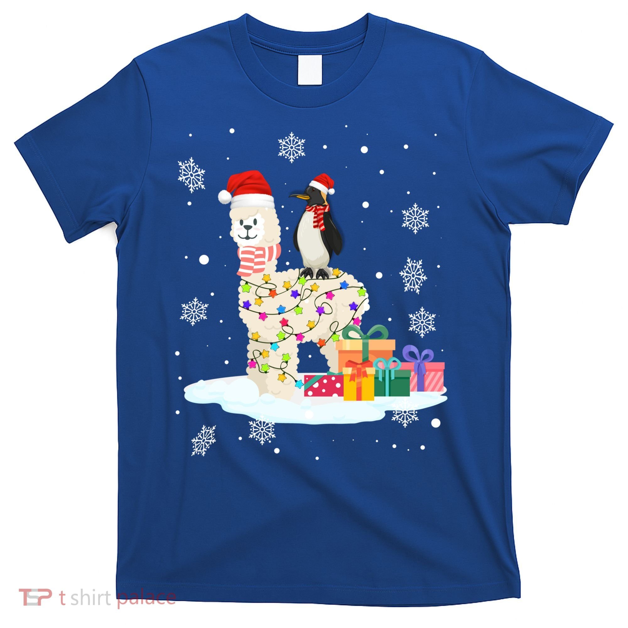 Penguins Lover Xmas Lighting Penguin Riding Llama Christmas Funny Gift T-Shirt