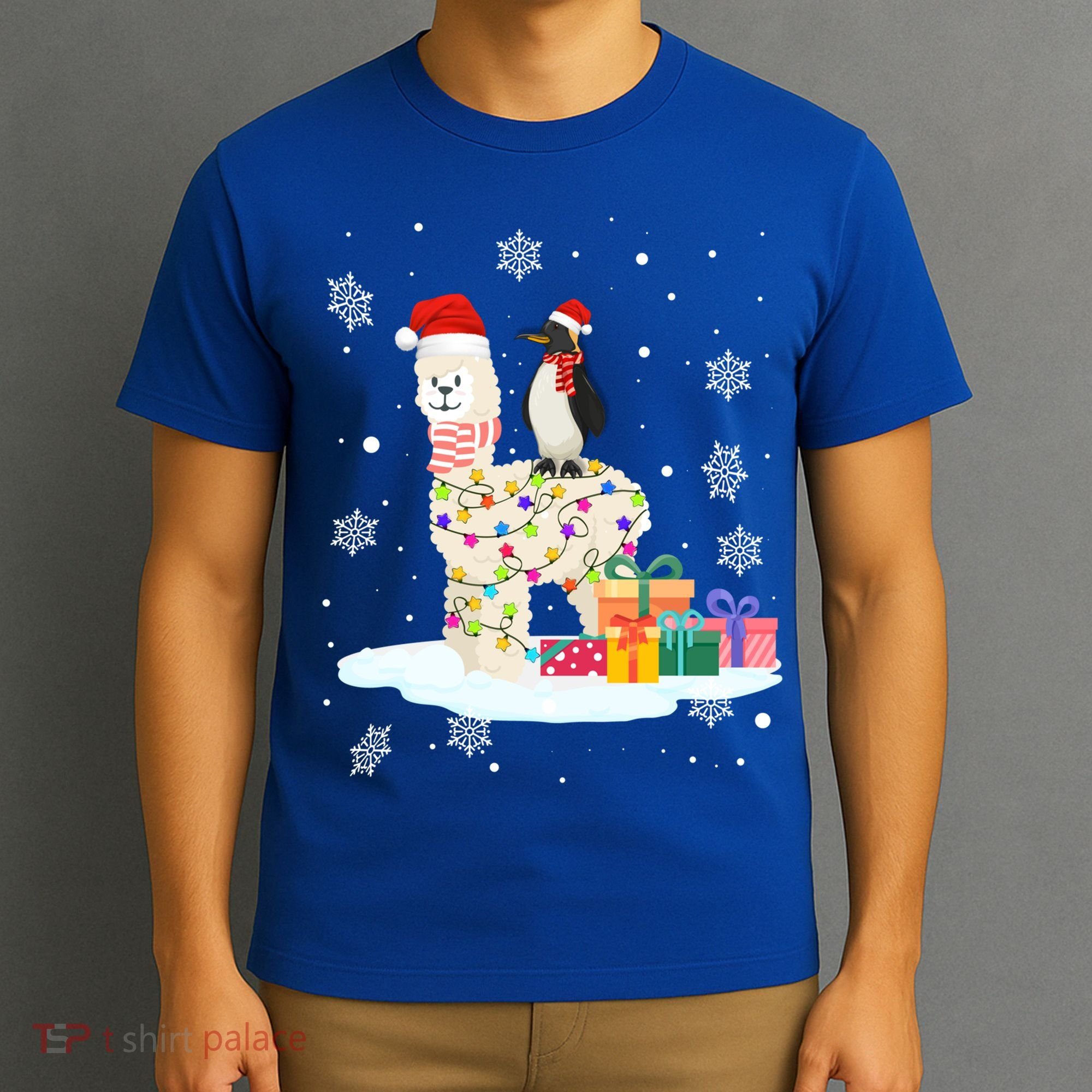 Penguins Lover Xmas Lighting Penguin Riding Llama Christmas Funny Gift T-Shirt