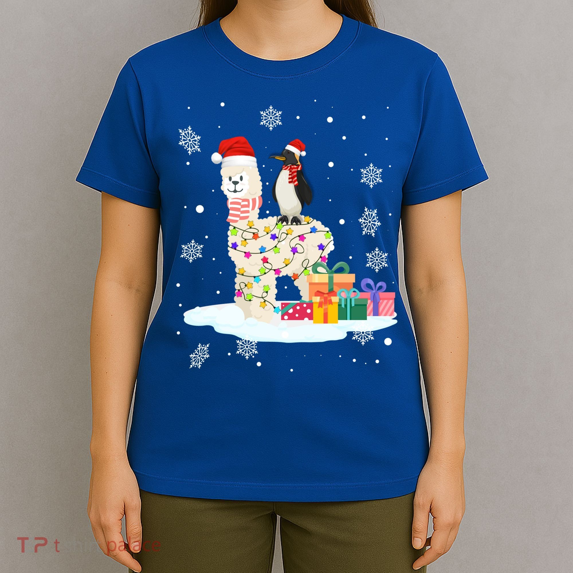 Penguins Lover Xmas Lighting Penguin Riding Llama Christmas Funny Gift T-Shirt