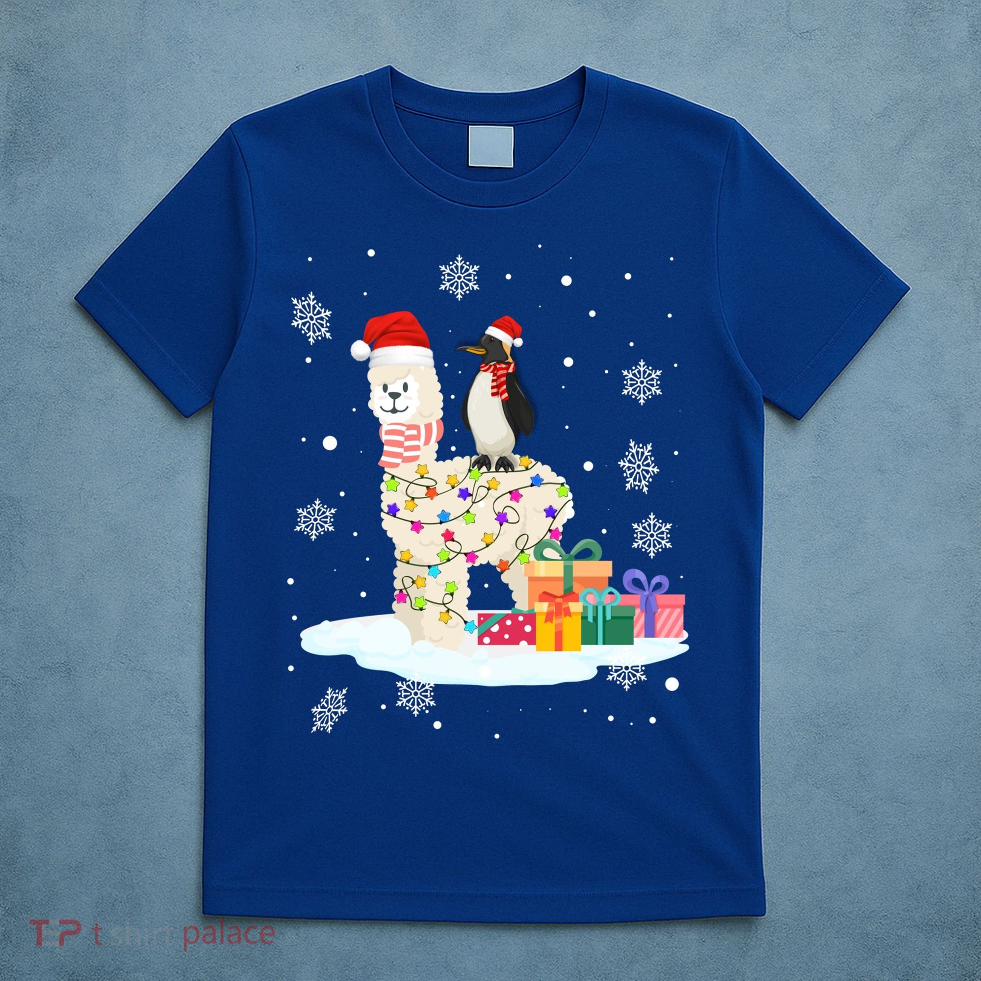 Penguins Lover Xmas Lighting Penguin Riding Llama Christmas Funny Gift T-Shirt