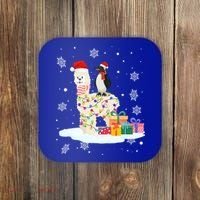 Penguins Lover Xmas Lighting Penguin Riding Llama Christmas Funny Gift Coaster thumb 0