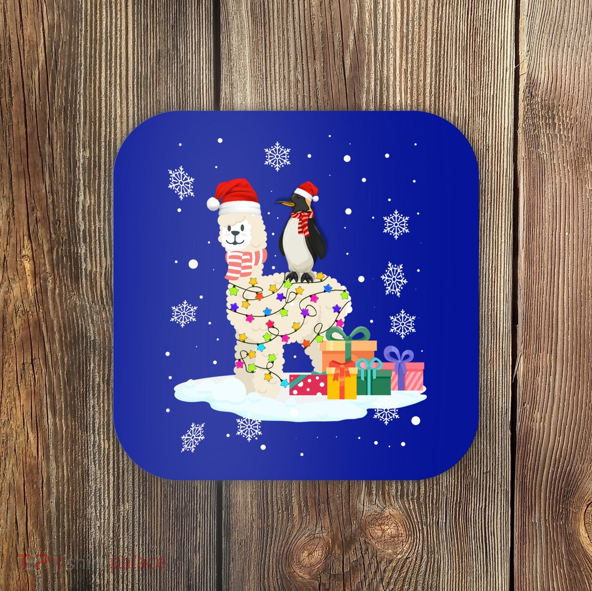 Penguins Lover Xmas Lighting Penguin Riding Llama Christmas Funny Gift Coaster