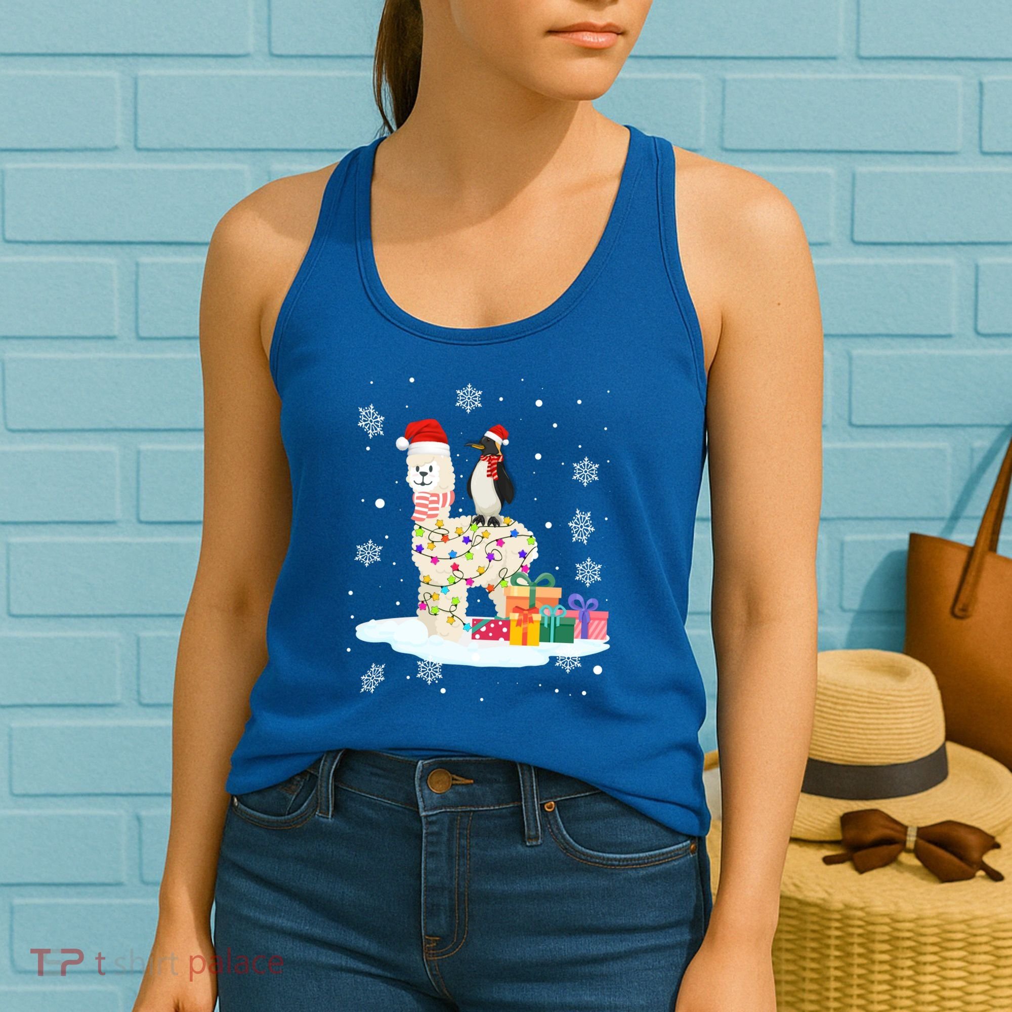 Penguins Lover Xmas Lighting Penguin Riding Llama Christmas Funny Gift Women's Tank Top